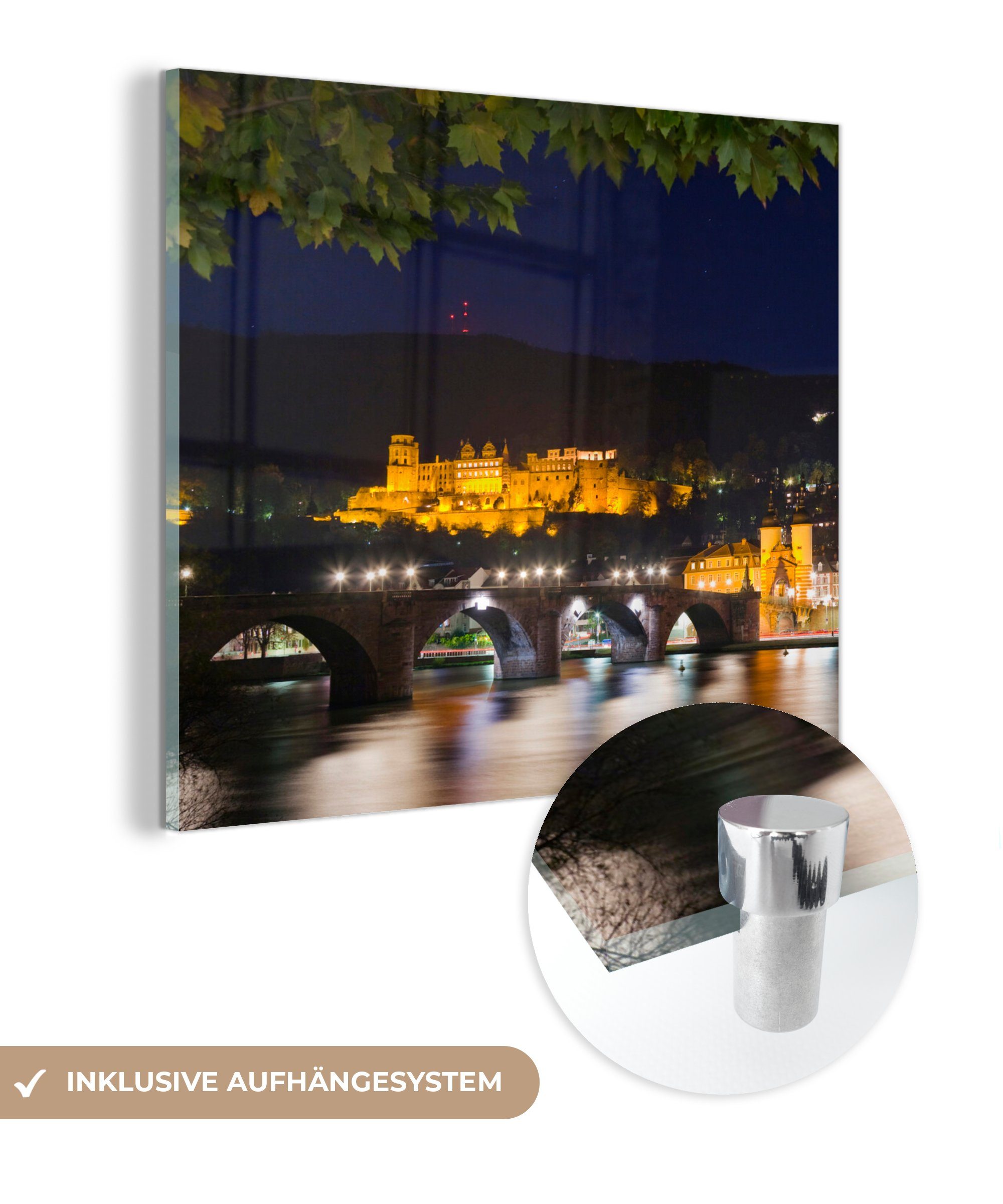 MuchoWow Acrylglasbild Heidelberger Schloss bei Nacht, (1 St), Glasbilder - Bilder auf Glas Wandbild - Foto auf Glas - Wanddekoration