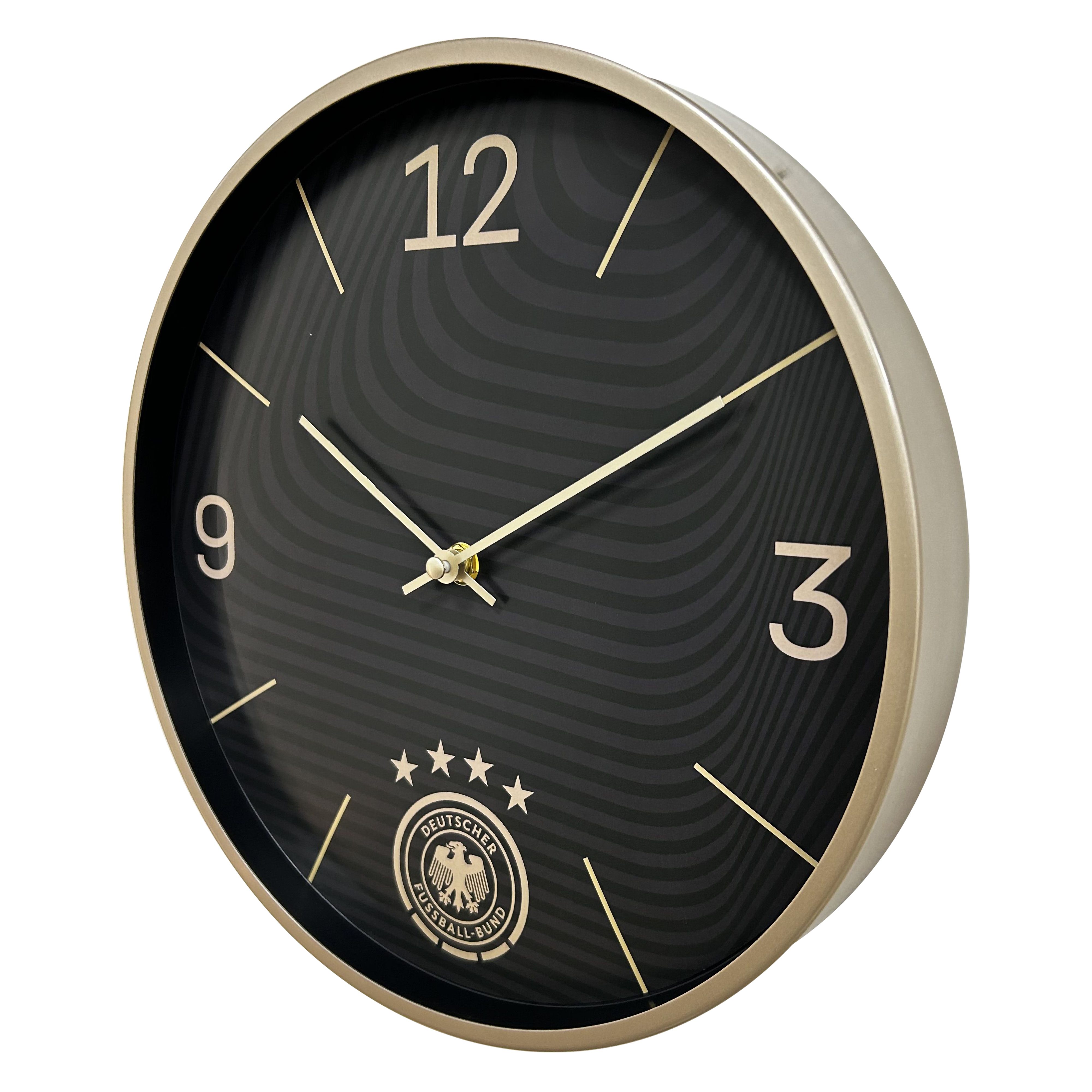 K&L Wall Art Wanduhr DFB Fußball Wanduhr schwarz gold Aluminium Uhr ohne Tickgeräusche (Deutscher Fussball-Bund)