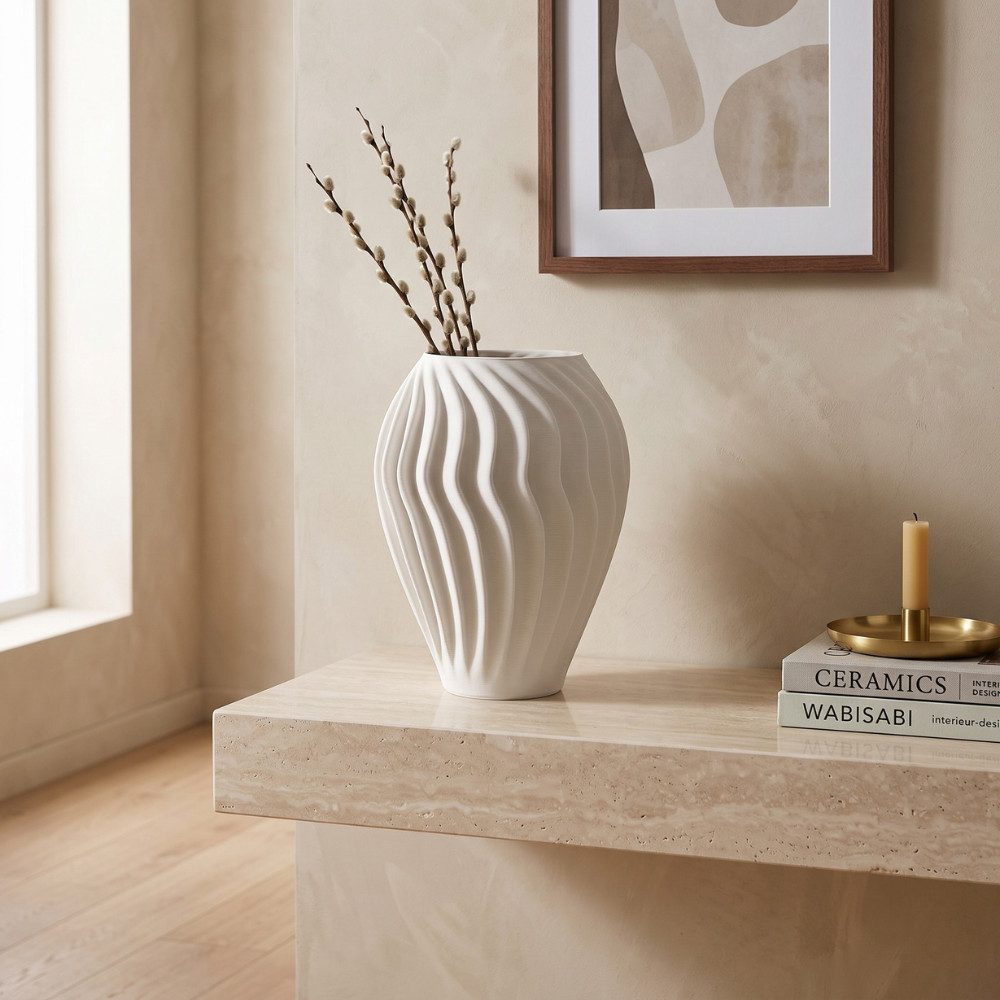 alesvelt Dekovase Design-Vase GINA Skulpturale Keramikvase mit wellenförmigem 3D-Relief, Keraimk