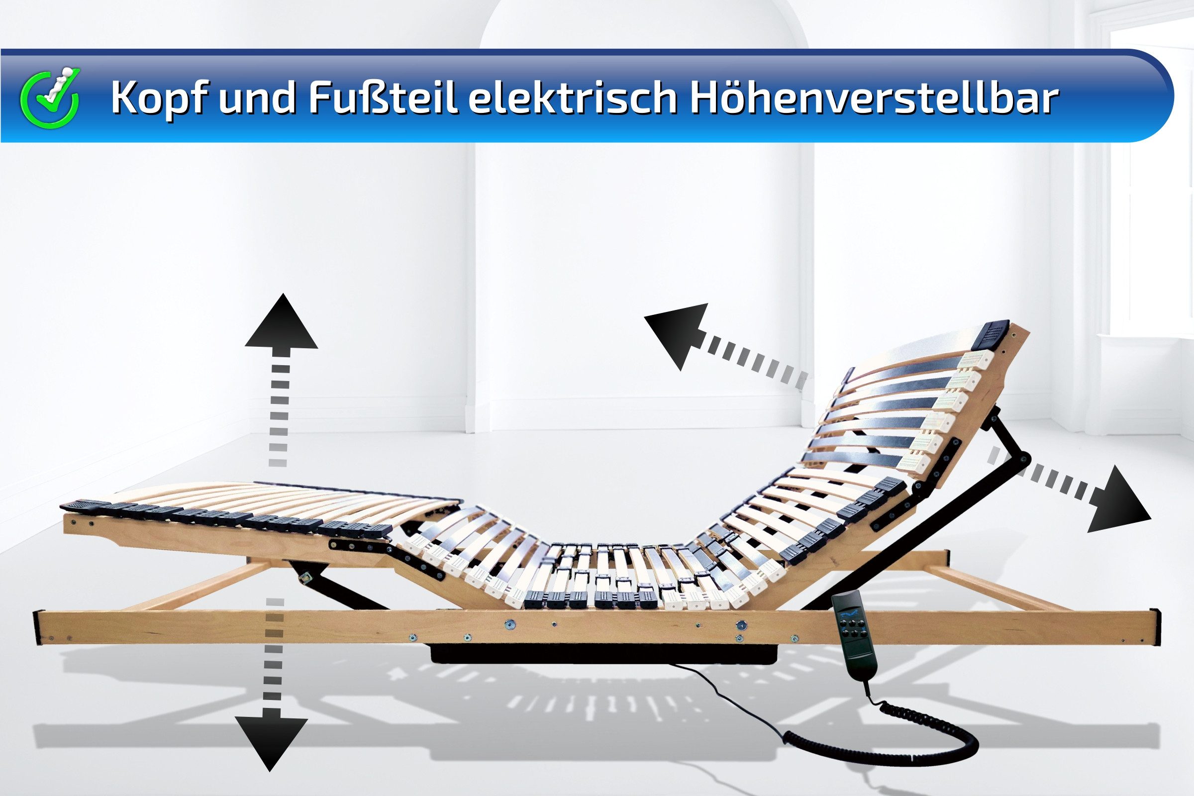 Lattenrost mit Motor elektrisch, Buchenholz bis 350 Kg,Tragkraft LIEFERUNG bis SCHLAFZIMMER, Matratzen Perfekt, Kopfteil motorisch verstellbar, Fußteil motorisch verstellbar, Notabsenkung & Netzfreischaltung, Größen 90x200cm, 100x200cm, 140x200cm, 120x200cm, 80x200cm, 90x190cm