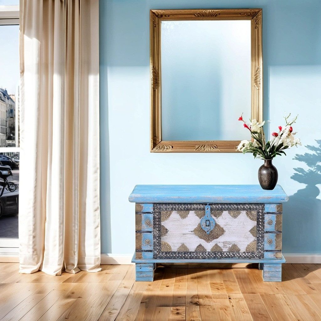 Marrakesch Orient & Mediterran Interior Truhenbank Truhe Ezgi Holz Blau 80cm, Boho Vintage Orient Aufbewahrung (1-St), mit Stauraum