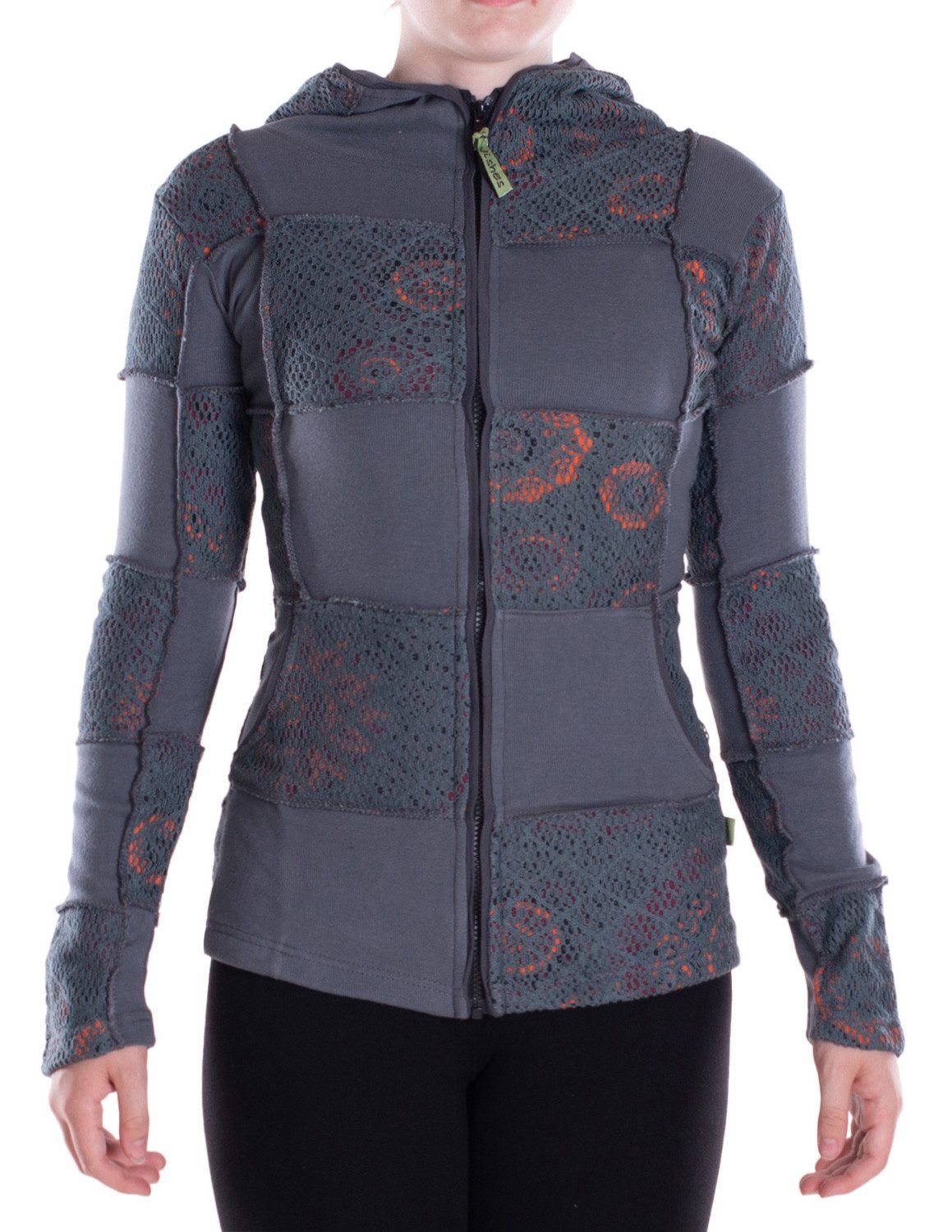 Kapuzensweatjacke Damen-Jacke Blumen-Sweatjacke Hippie-Jacke Spitzen Kapuzenjacke