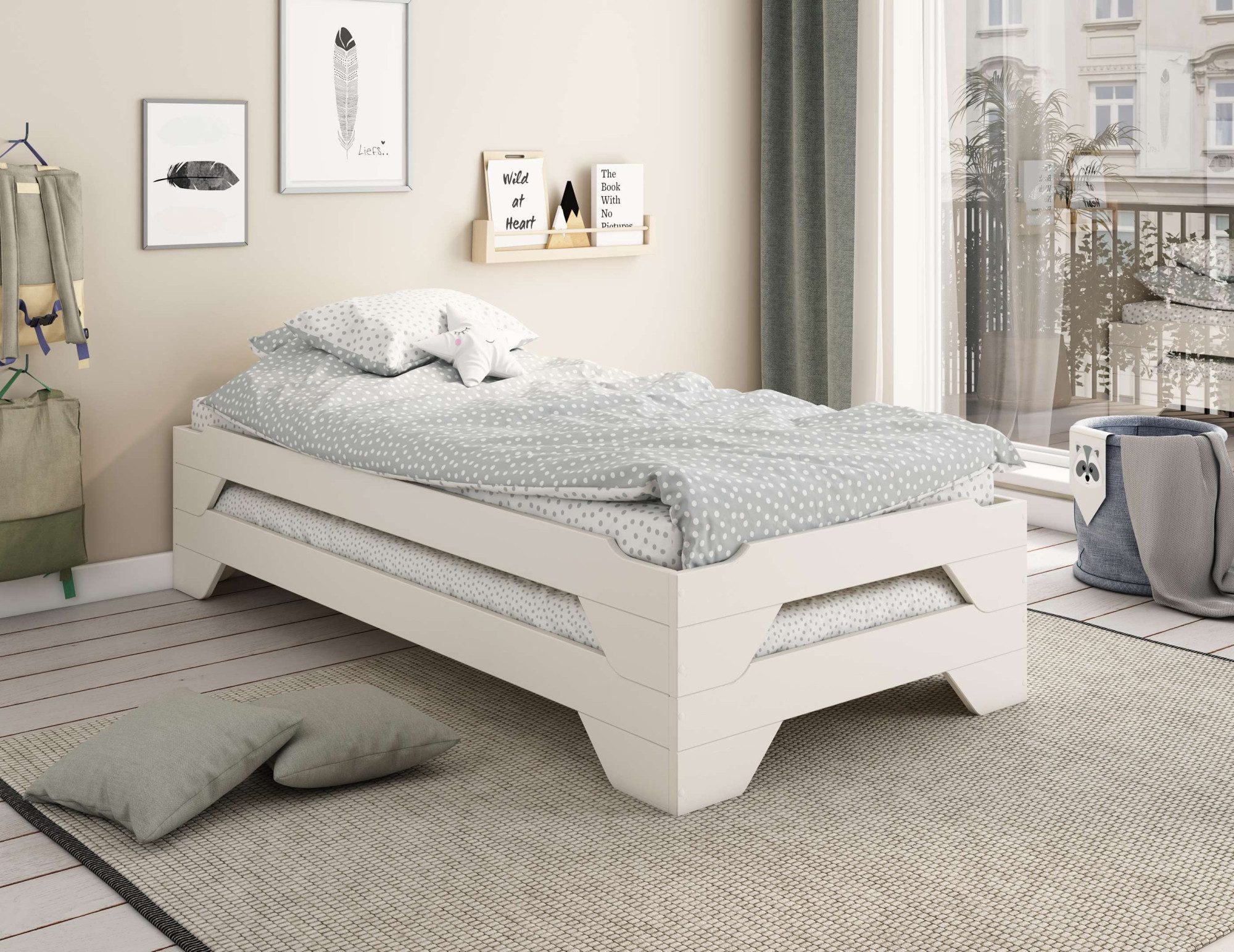 OTTO home Massivholzbett Melwine – Stapelbett aus massiver Kiefer, platzsparend & flexibel (2-tlg., in 2 Ausführungen- als Einzelbett oder Set aus 2 Betten), Mit Lattenrost, ideal als Gästebett, FSC® zertifiziert, Made in Europe