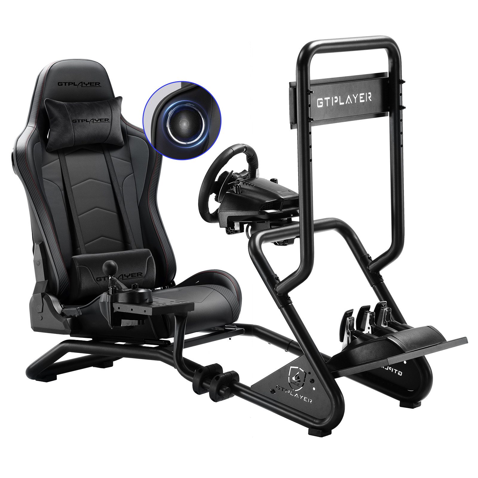 GTPLAYER Simulator Cockpit Rennsimulator lenkradständer mit 3D Lautsprechern Controller (Monitorhalterung Lenkradhalterung Schalthebelhalterung und Fußpedalen)