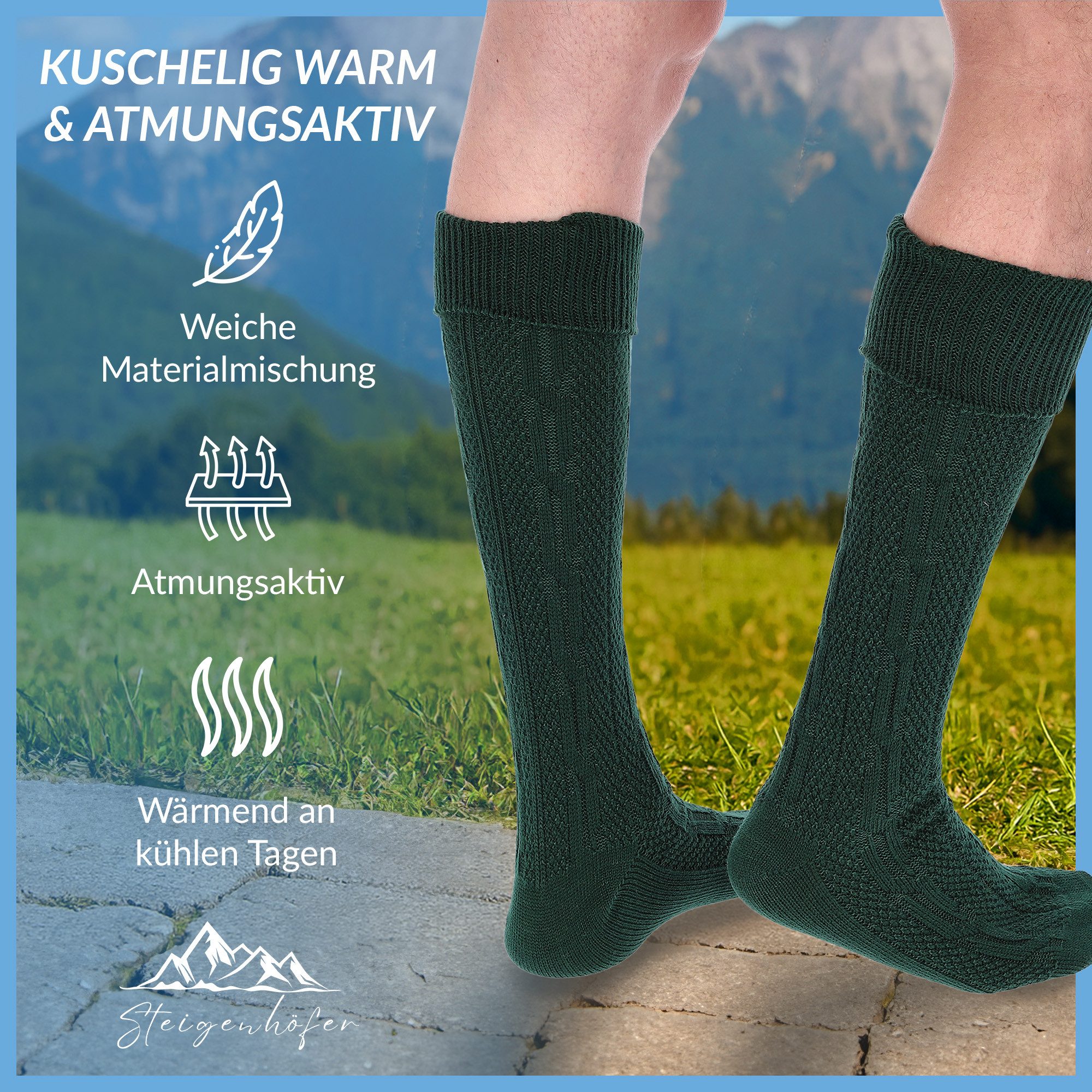 Steigenhöfer Manufaktur Trachtensocken für Herren und Damen – Socken mit Zopfmuster und Edelweißanstecker Oktoberfest Strümpfe aus Baumwolle für Männer & Frauen