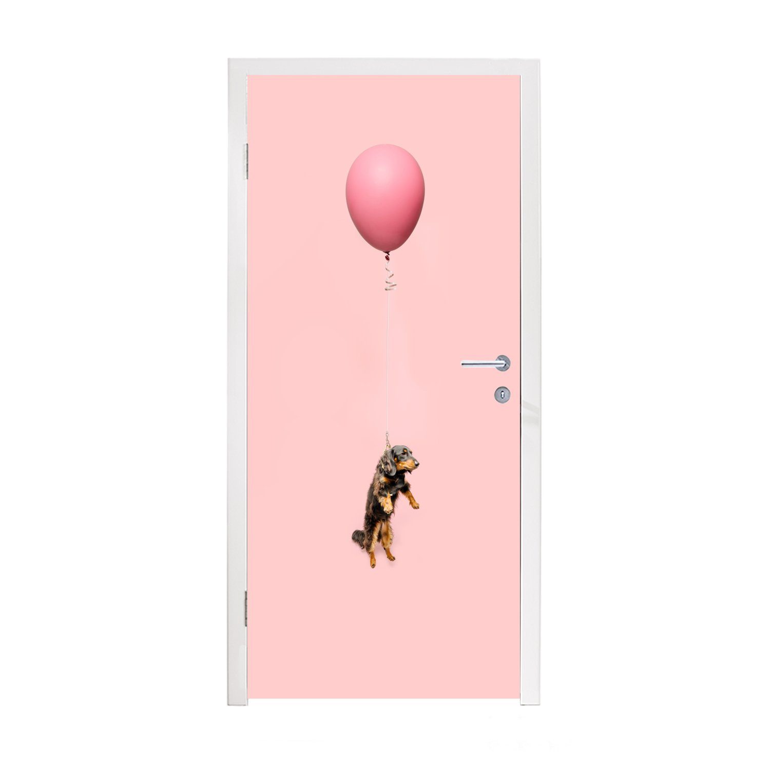 MuchoWow Türtapete Dackel schwebt durch einen Ballon nach oben, Matt, bedruckt, (1 St), Fototapete für Tür, Türaufkleber, 75x205 cm