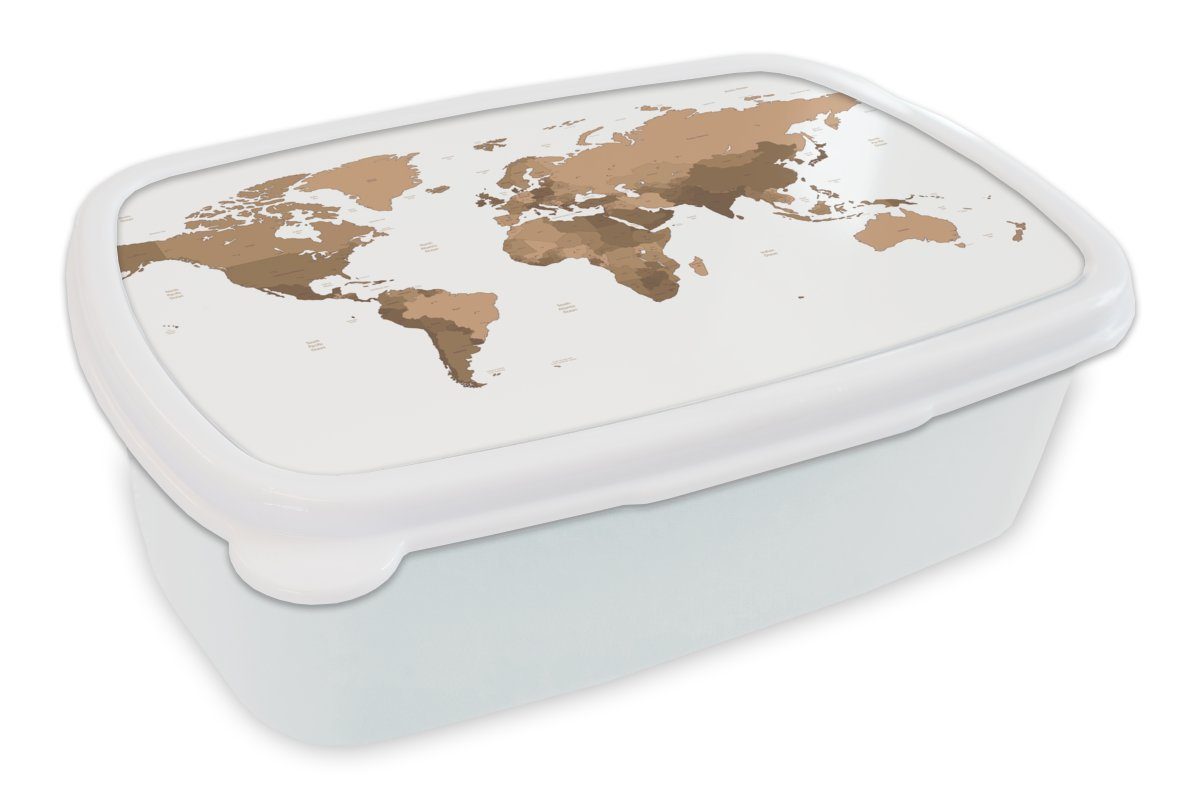 MuchoWow Lunchbox Weltkarte - Braun - Topographie, Kunststoff, (2-tlg), Brotbox für Kinder und Erwachsene, Brotdose, für Jungs und Mädchen weiß
