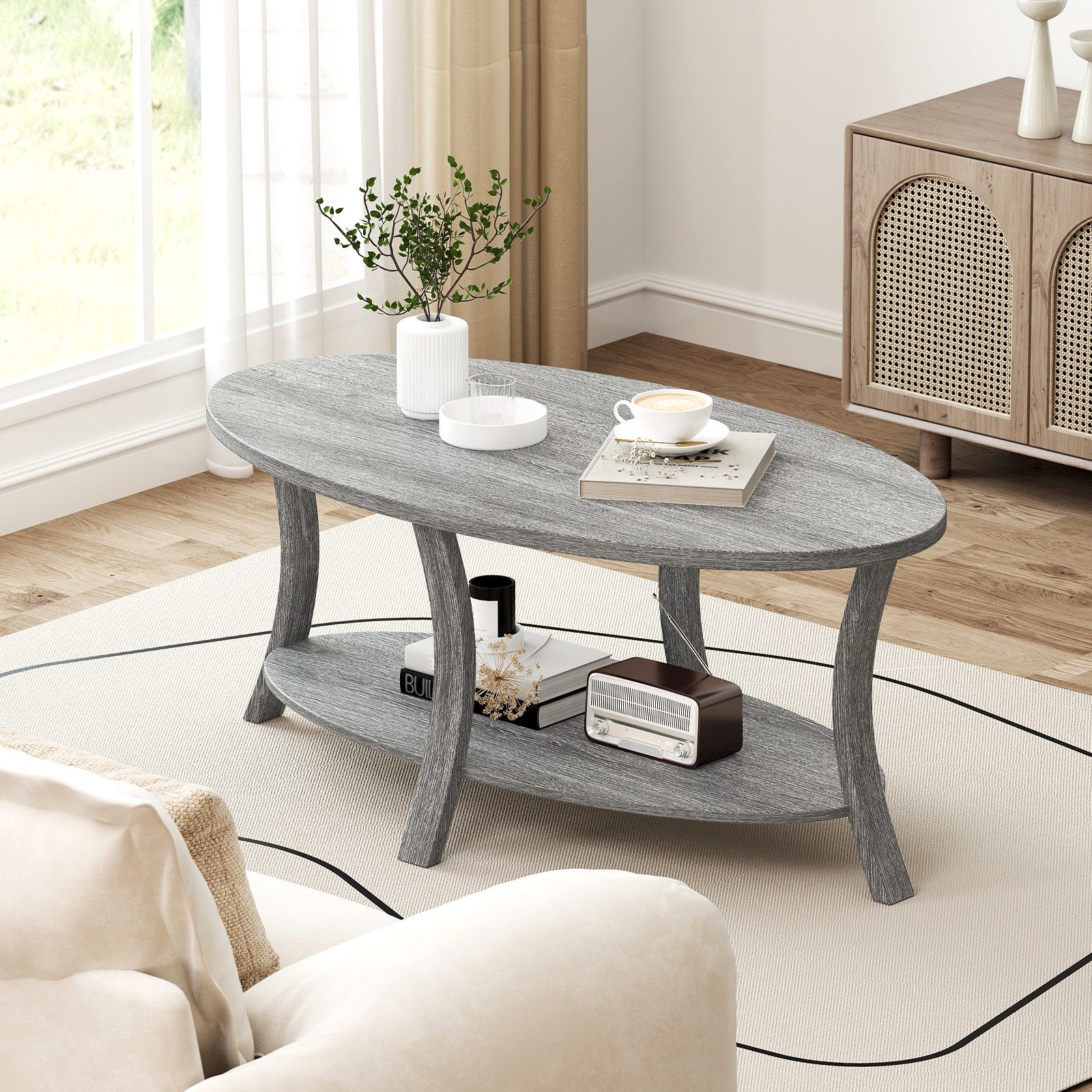 COSTWAY Couchtisch, ovaler Wohnzimmertisch mit Ablage, günstig online kaufen