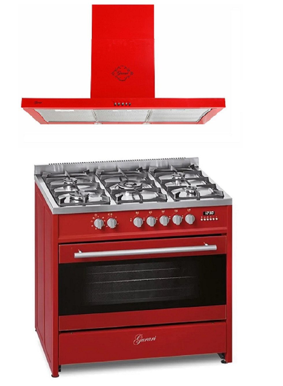 GURARI Gas-Standherd Gas Elektro Standherd 90 cm 121 L Erdgas Fl.Gas 4 Kw WOK in Rot mit Dunstabzugshaube 90 cm GCH E 911 R+GCH 461 RD 9, mit 1-fach-Teleskopauszug