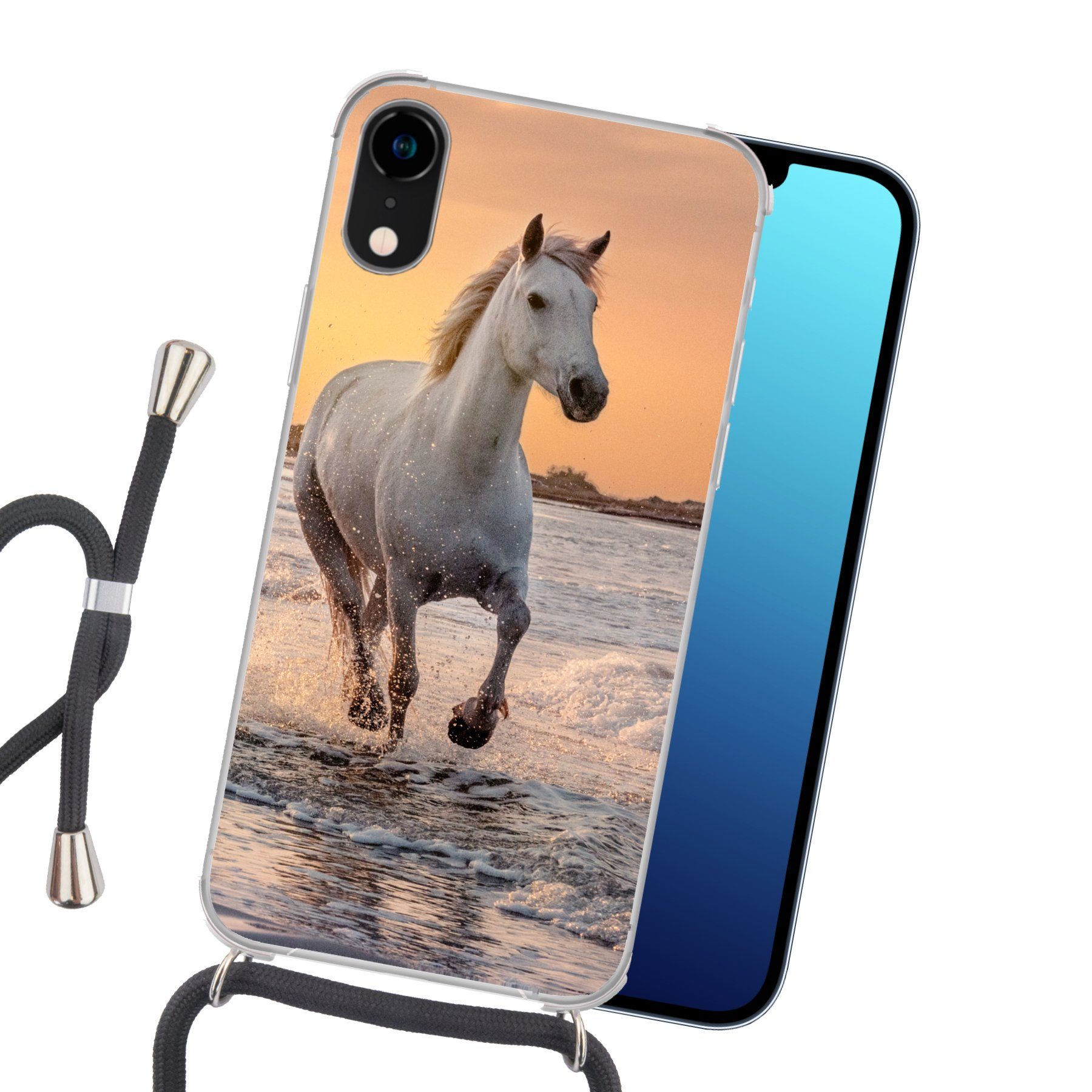 MuchoWow Handyhülle für Apple iPhone XR Pferde - Sonne - Meer - Strand - Tiere, Tragbare Handyhüllen mit Kette zum umhängen, Handykette Handyband