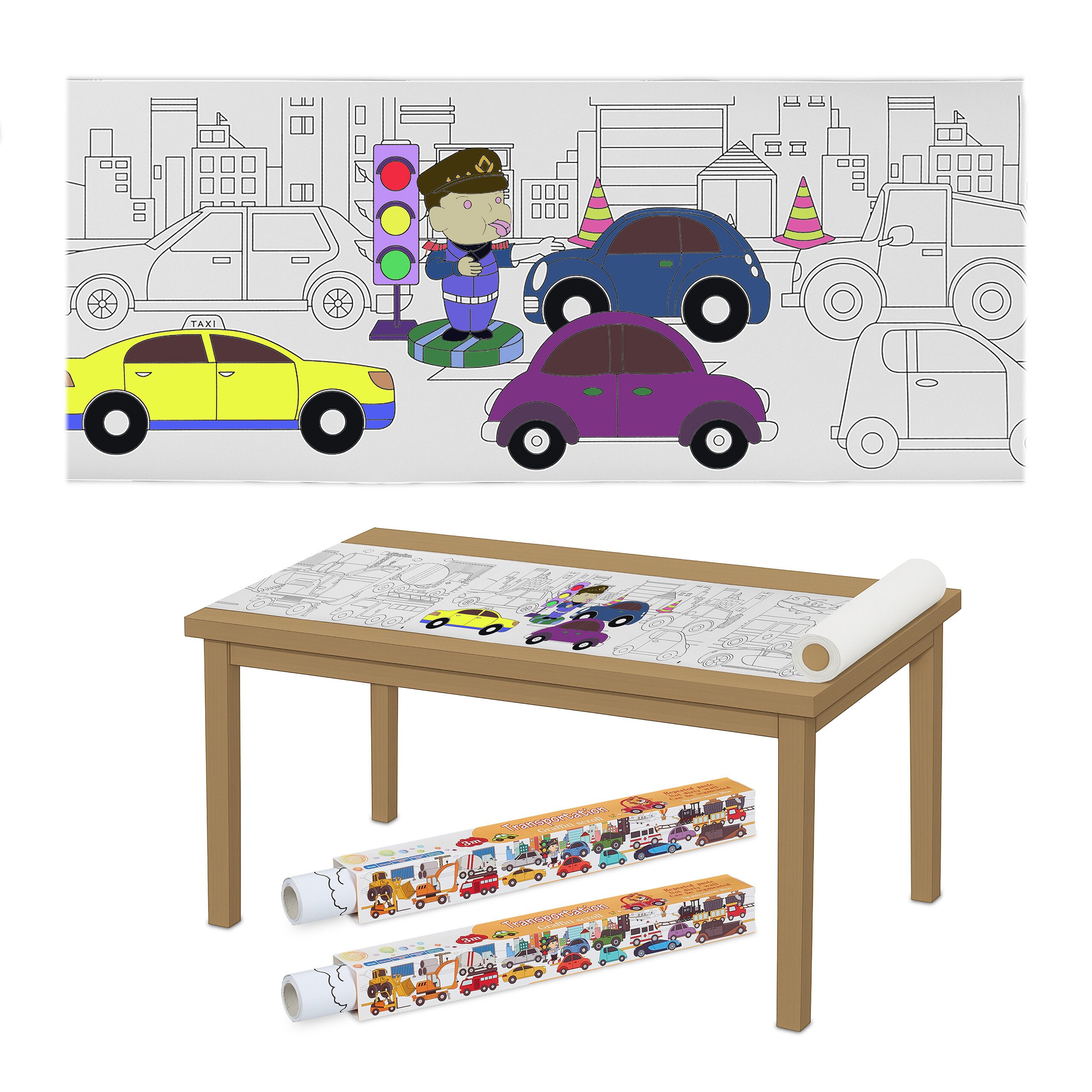 relaxdays Malvorlage Ausmaltischdecken für Kinder 2er Set 3 m (2er Set), Fahrzeuge