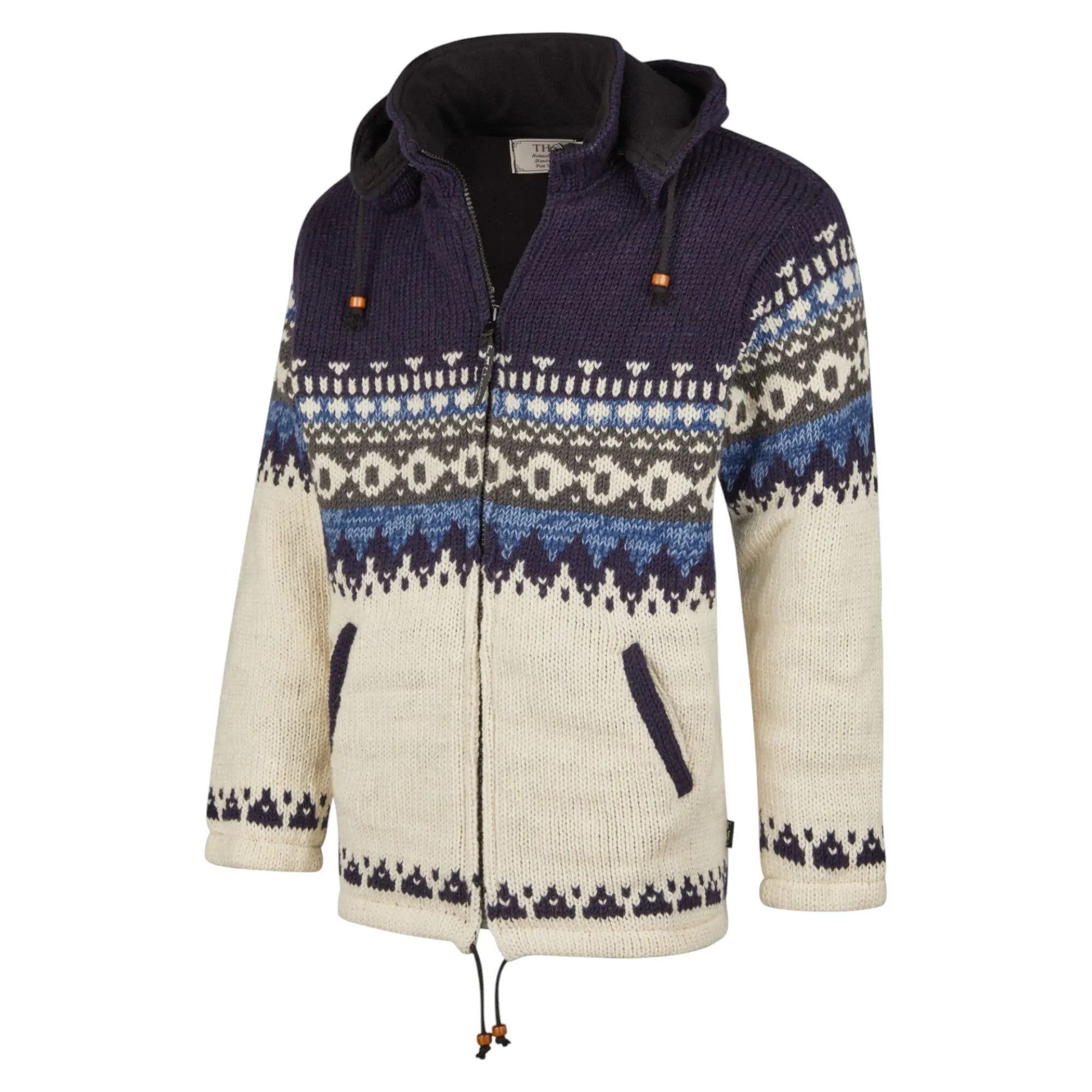THC Natural Line Strickjacke THC Schafwollstrickjacke blau gemustert 816 (1 Stück, 1-tlg., 1 Stüpck) Strickjacke mit abnehmbarer Kapuze