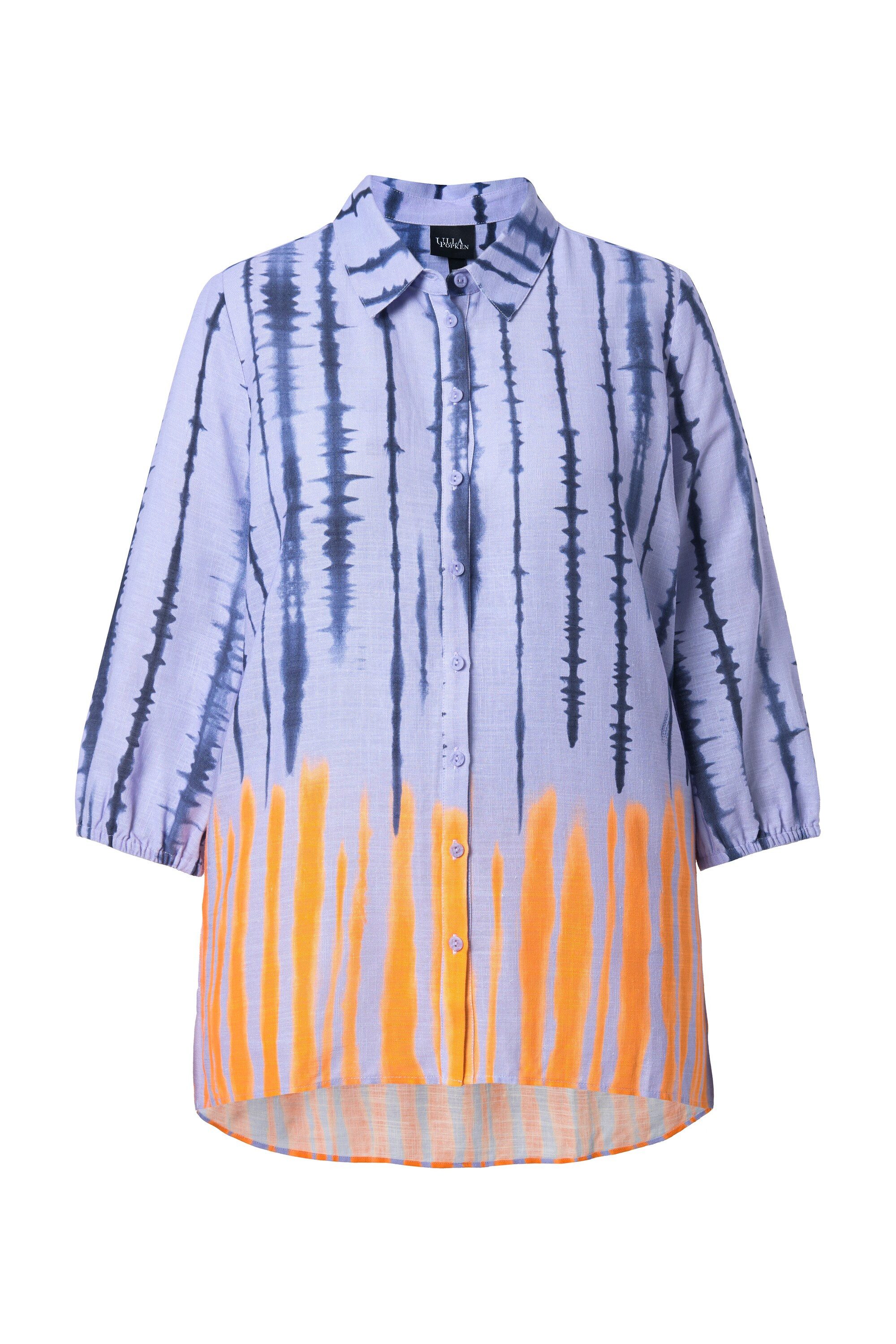 Ulla Popken Hemdbluse Bluse Batikmuster Hemdkragen 3/4-Arm Leinenmix