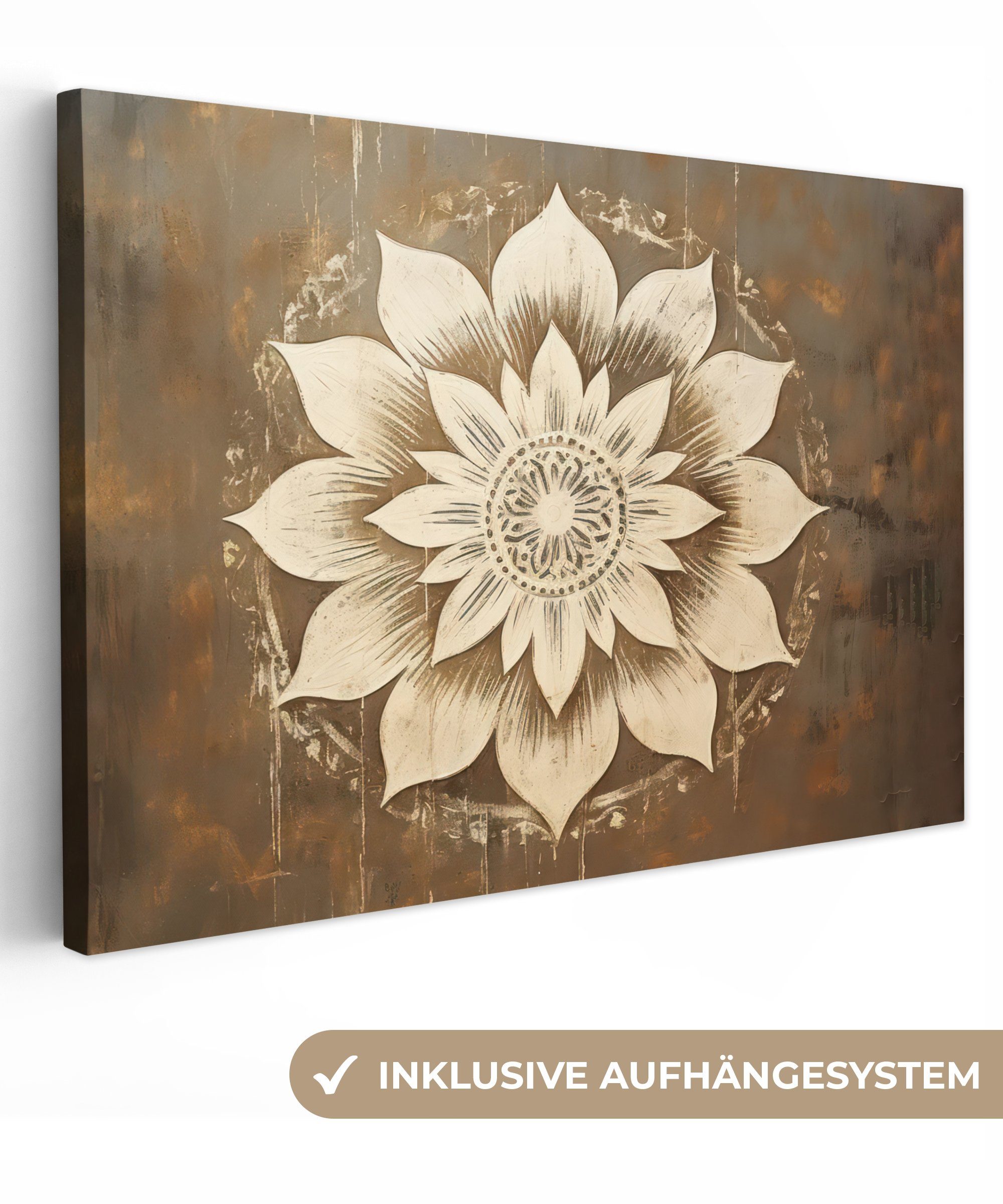 OneMillionCanvasses® Leinwandbild Mandala - Blumen - Vintage - Weiß, (1 St), Wandbild für alle Wohnbereiche, Gemälde, XXL, großes, 120x80 cm