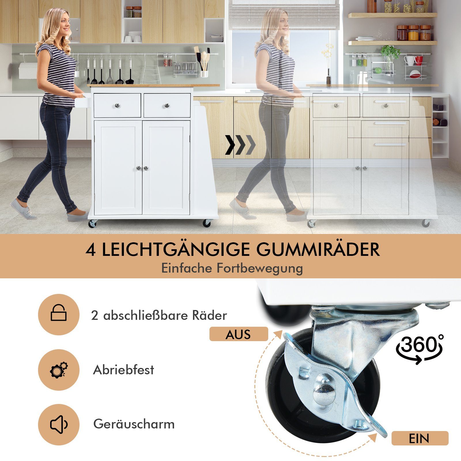 COSTWAY Küchenwagen, mit Arbeitsplatte, Schubladen & Gewürzregal, rollen