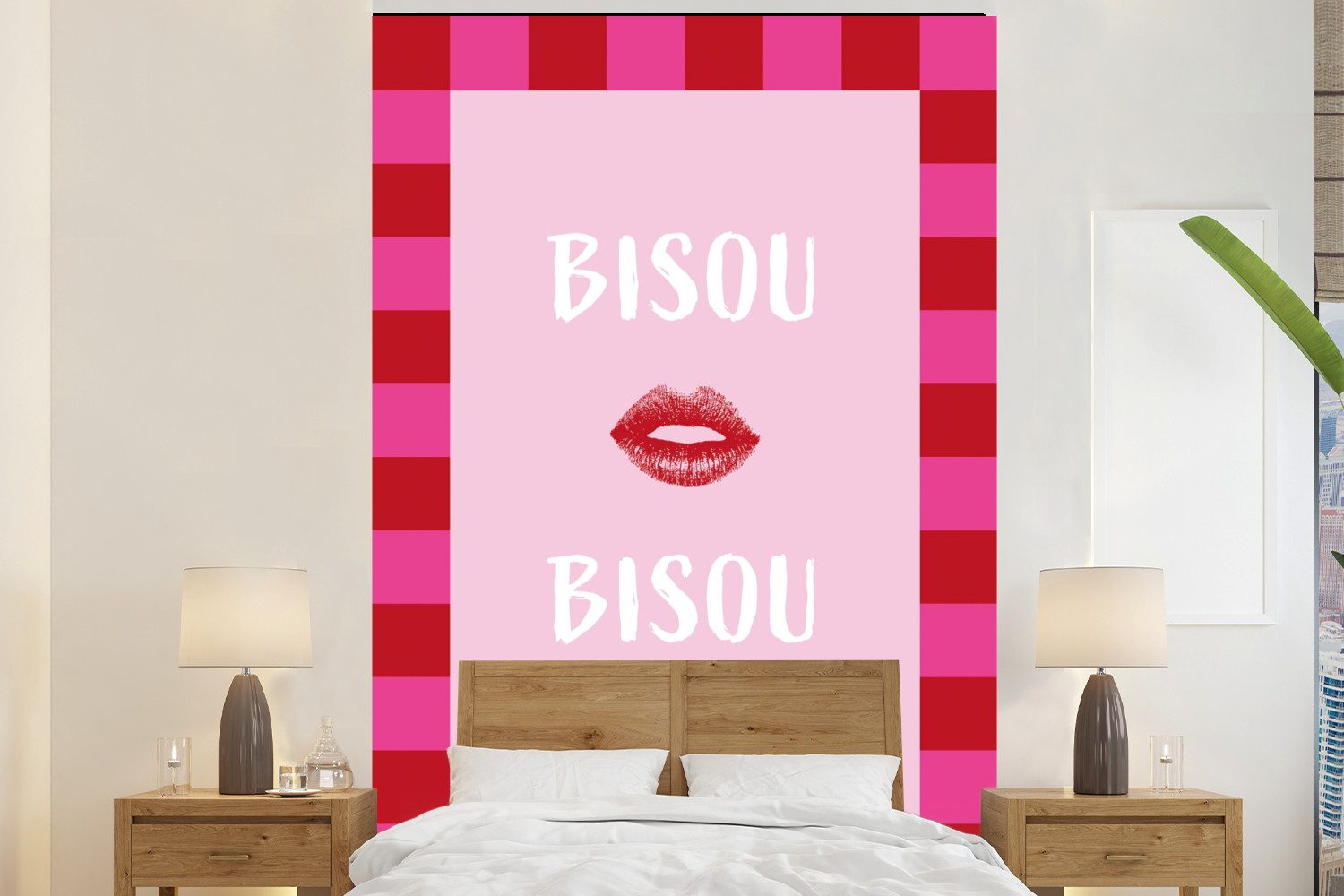 MuchoWow Fototapete Kuss - Rosa - Französisch - Valentinstag, Matt, bedruckt, Montagefertig Vinyl Tapete, Wandtapete, 145x220 cm