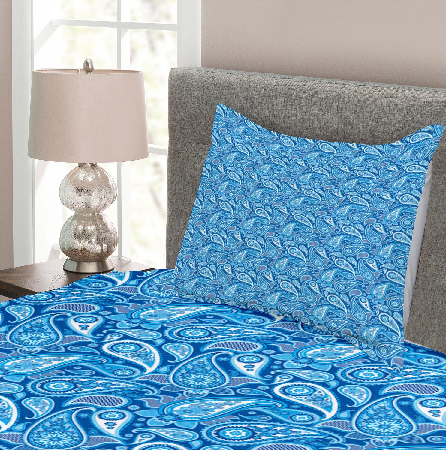 Set blau Abakuhaus, mit Effect Buta Motive Paisley Kissenbezügen Waschbar, Tagesdecke