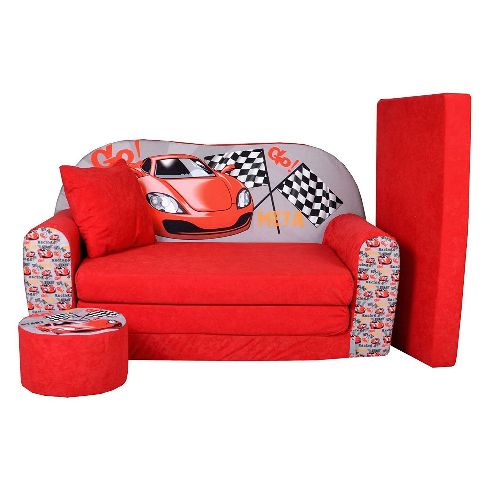 FORTISLINE Kindersitzgruppe Kindersofa Kindercouch Aufklappen Bettfunktion + Hocker W319