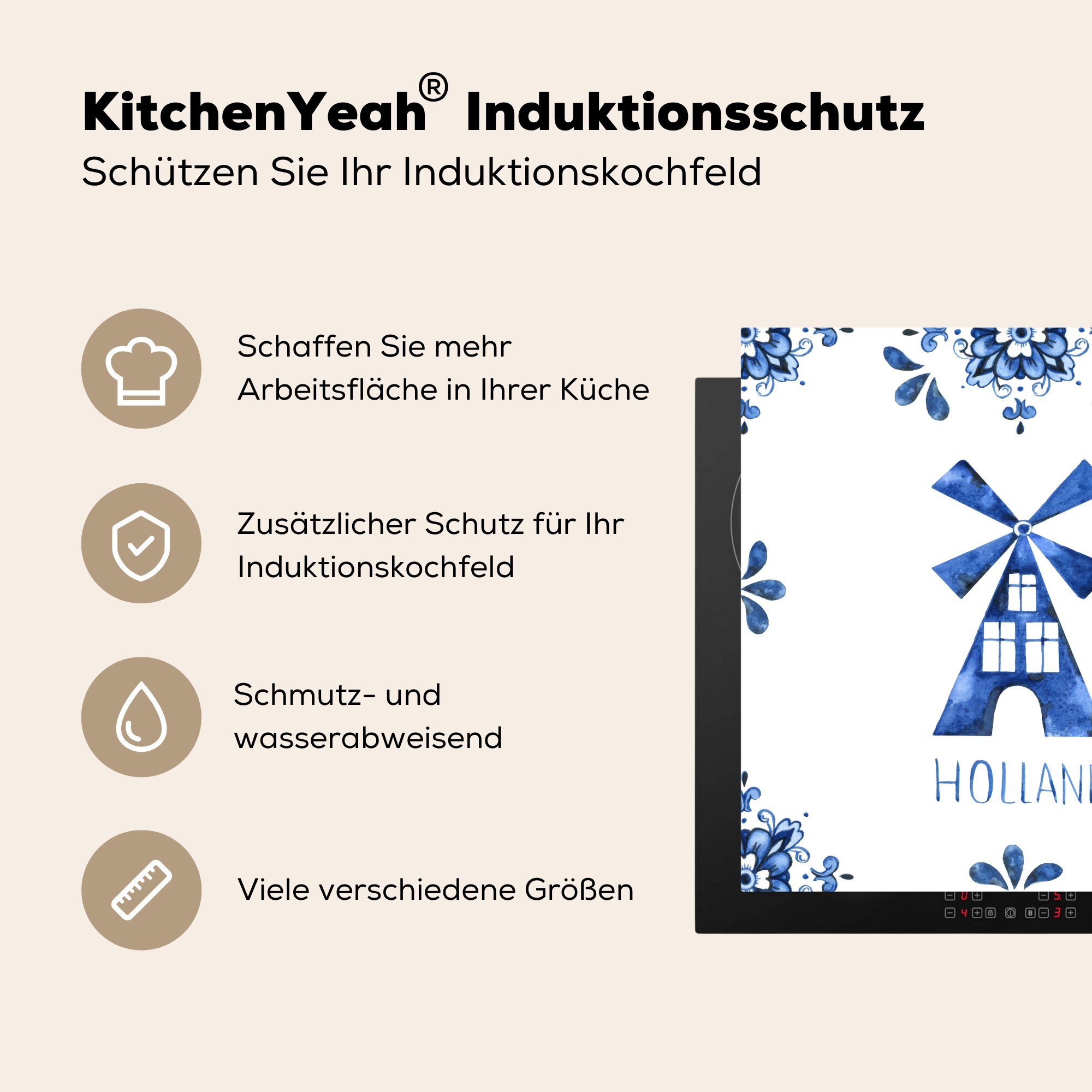 Herdblende-/Abdeckplatte (1 küche - 78x78 Delfter Holland Arbeitsplatte MuchoWow - tlg), Windmühle, Ceranfeldabdeckung, Vinyl, für Blau cm,