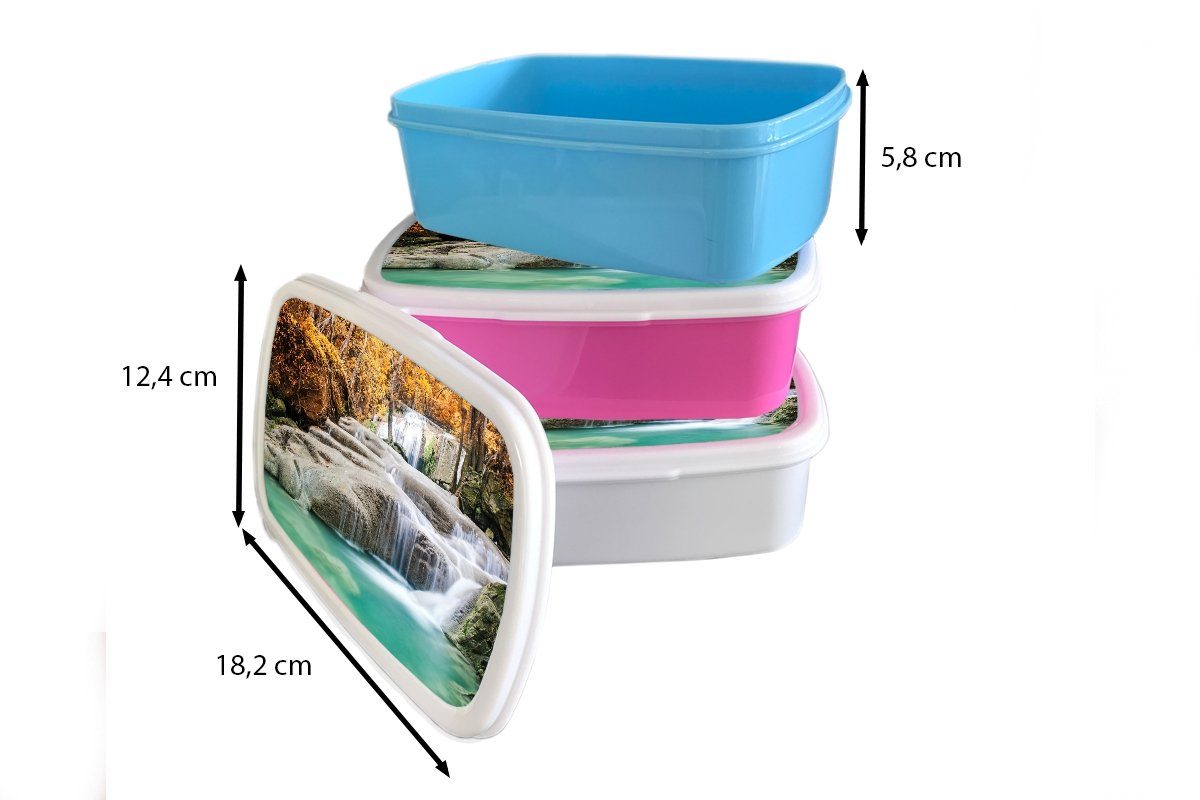 MuchoWow Lunchbox Wald - Wasserfall Brotbox Mädchen Herbst, für Jungs Kunststoff, und weiß Kinder - und Brotdose, für (2-tlg), Erwachsene