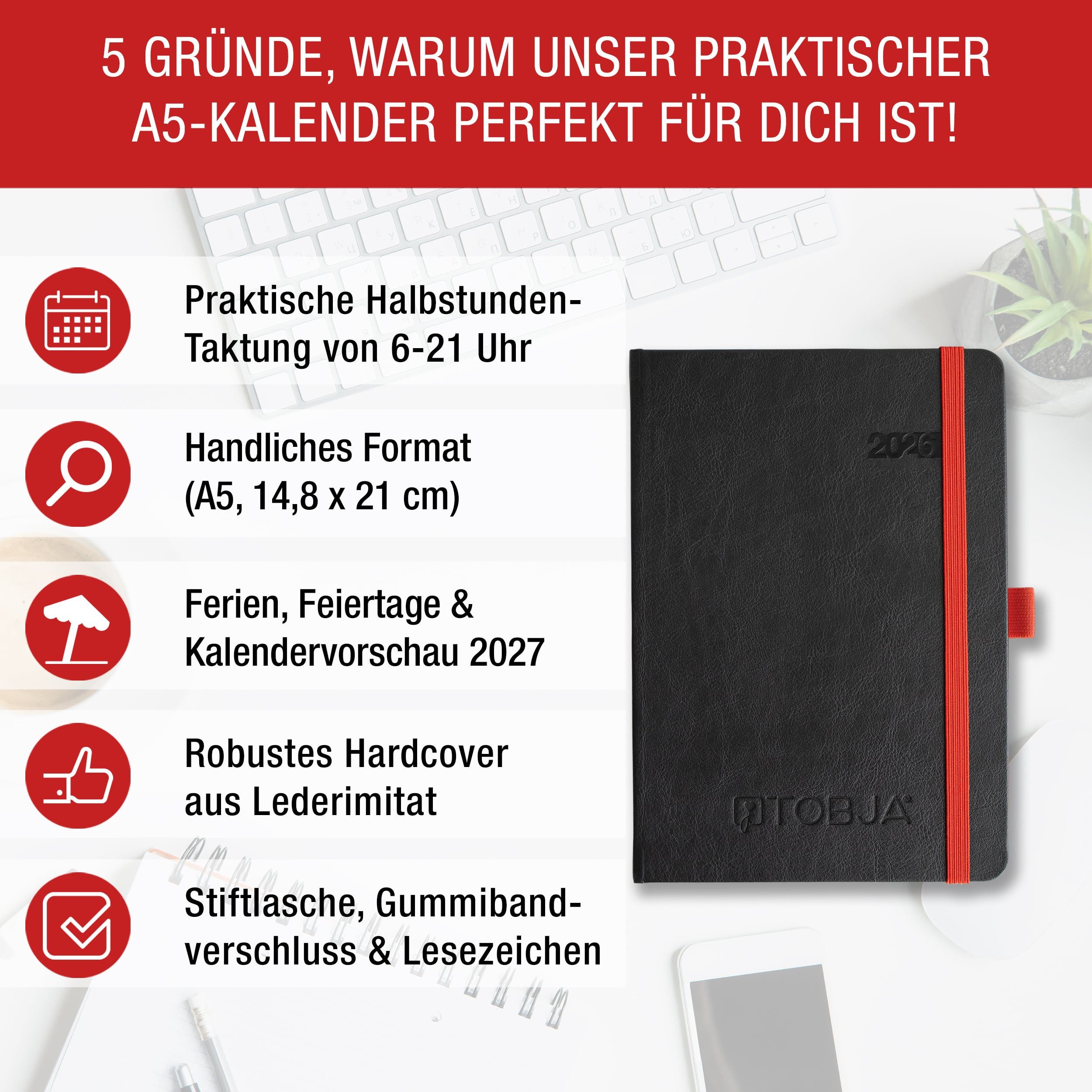 TOBJA Buchkalender Taschenkalender 2026 A5 1 Woche 2 Seiten, Kalender 2026 Wochenplaner & Terminkalender, Buchkalender 2026