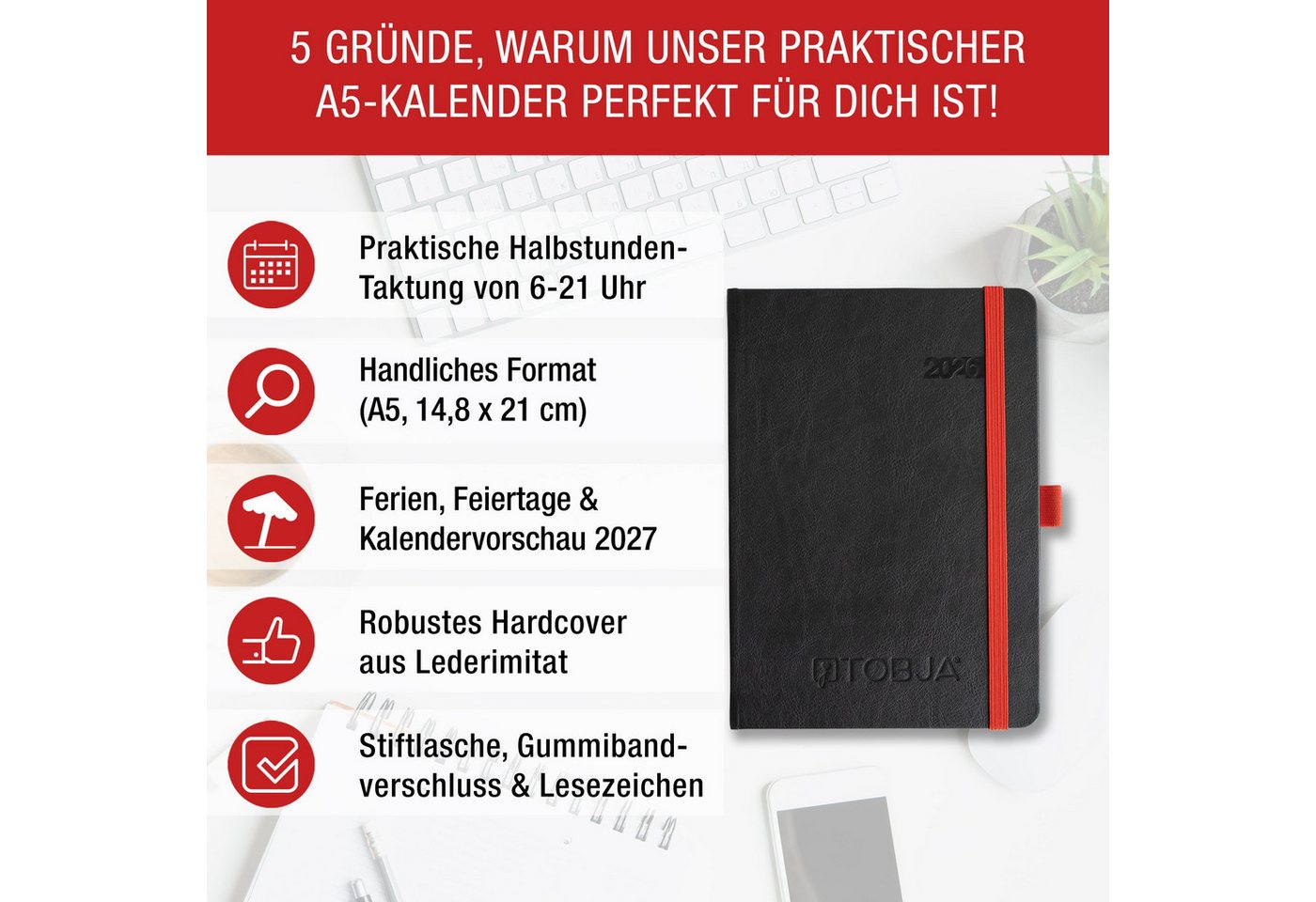 Thumbnail - TOBJA Buchkalender Taschenkalender 2026 A5 1 Woche 2 Seiten, Kalender 2026 Wochenplaner & Terminkalender, Buchkalender 2...