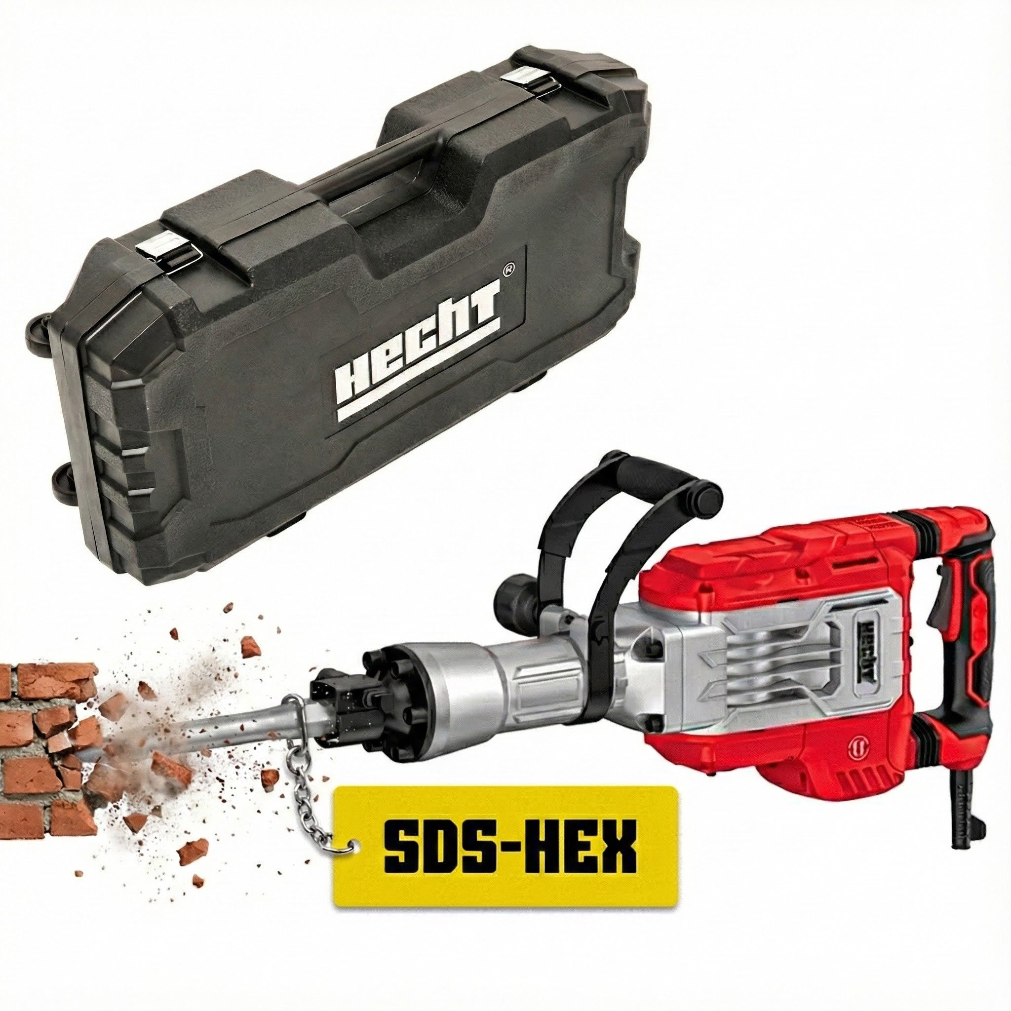 Hecht Abbruchhammer Stemmhammer 1093 Profi, SDS-HEX, 60J, 1700W, 1900 /min, 1700 in W, für SDS-HEX, mit Rollkoffer, Flachmeißel, Ersatzkohlen, Schmieröl, Spitzmeißel