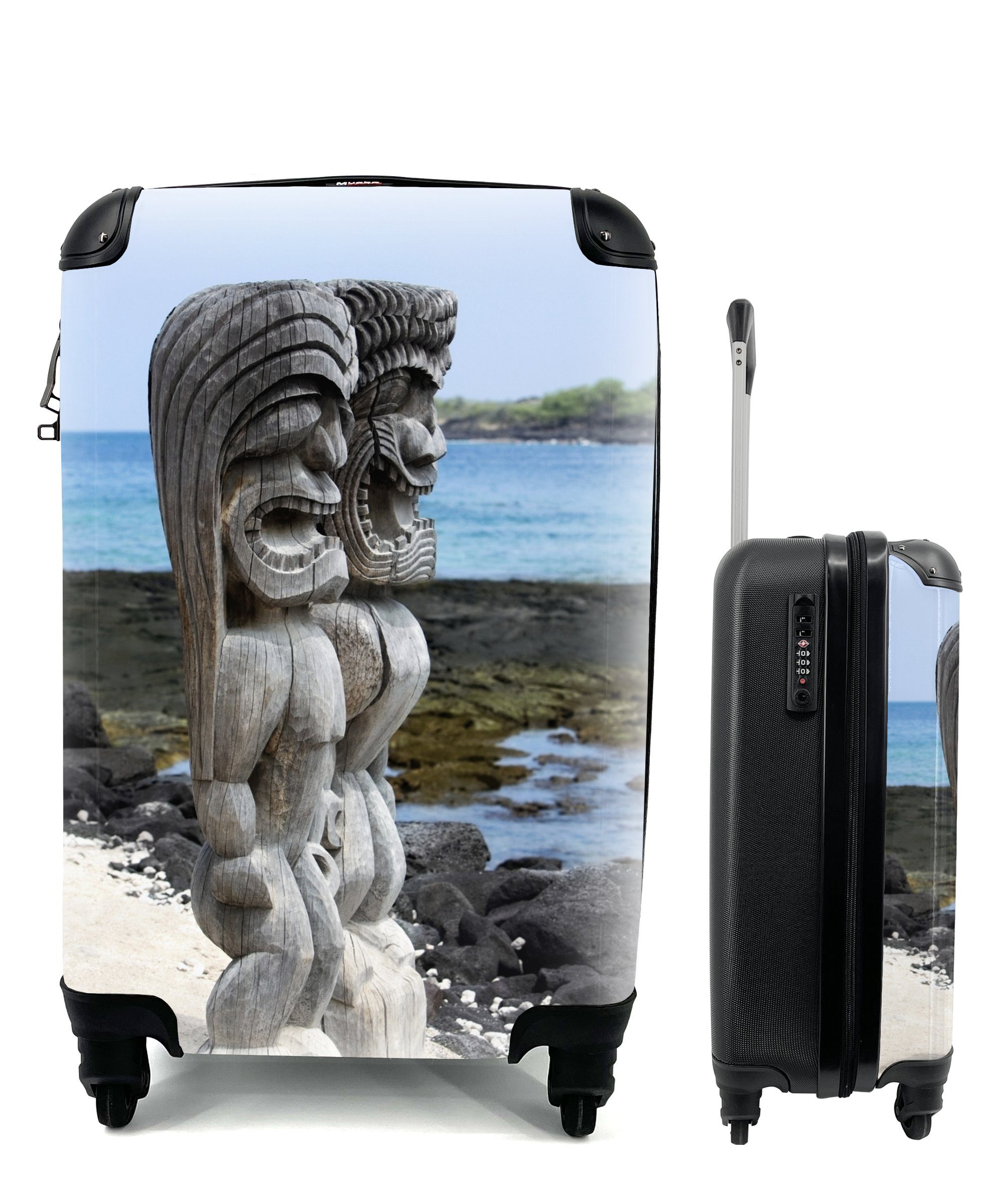 MuchoWow Handgepäckkoffer Statuen am Strand von Hawaii, 4 Rollen, Reisetasche mit rollen, Handgepäck für Ferien, Trolley, Reisekoffer