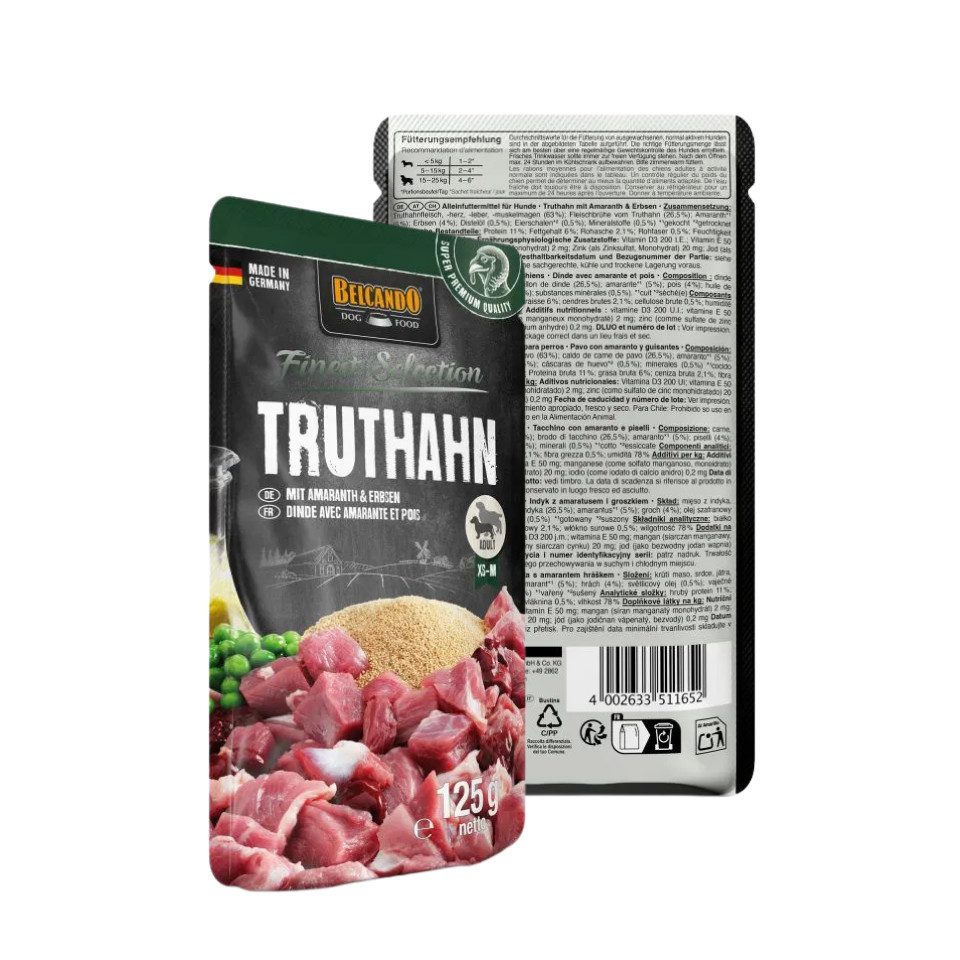 Belcando Truthahn mit Amaranth & Erbsen - Premium Nassfutter in Frischebeuteln 12x125g, Nassfutter für: Hunde