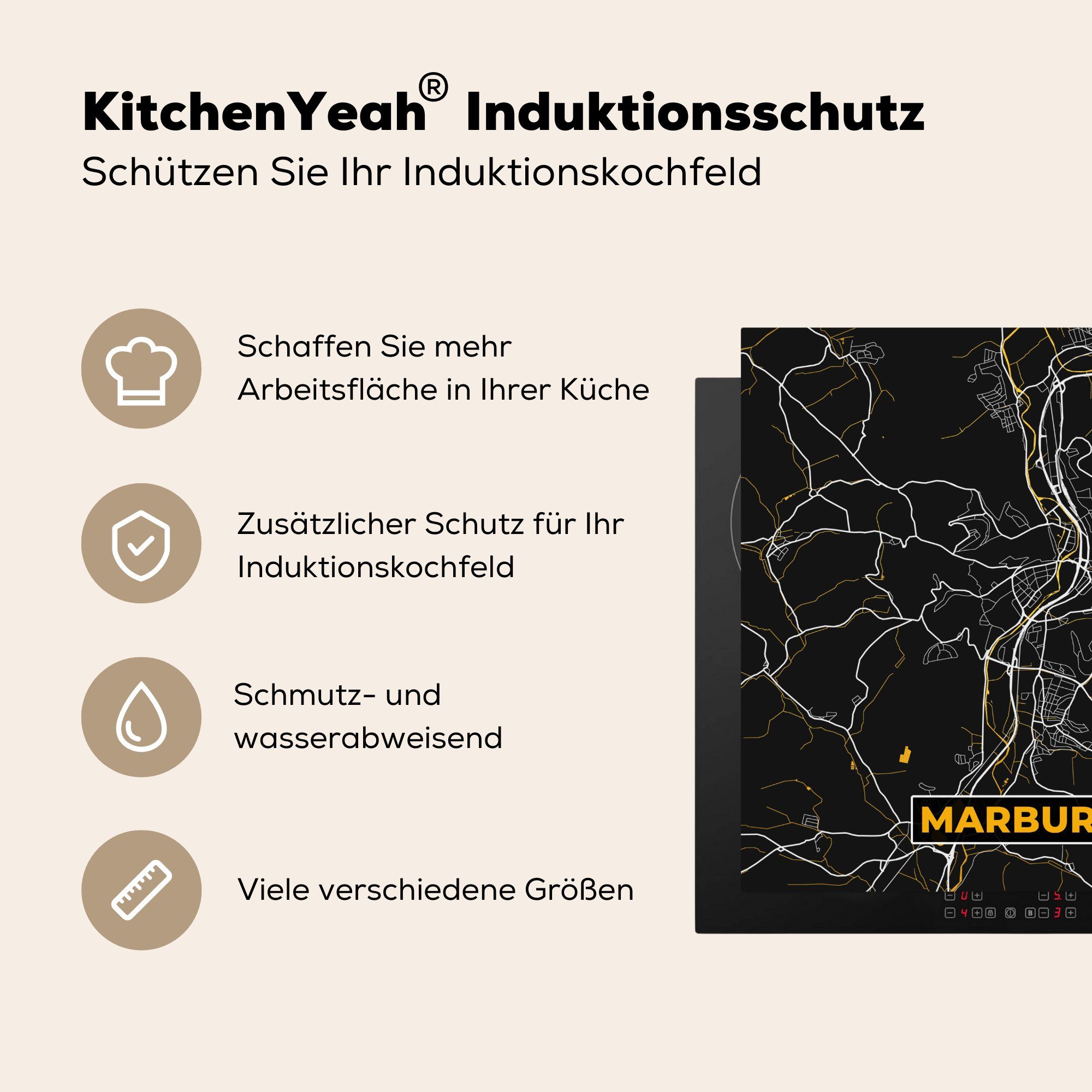 cm, Marburg Karte, Ceranfeldabdeckung, - Herdblende-/Abdeckplatte (1 - 78x78 Karte Stadtplan MuchoWow Arbeitsplatte küche Vinyl, - Deutschland tlg), für -