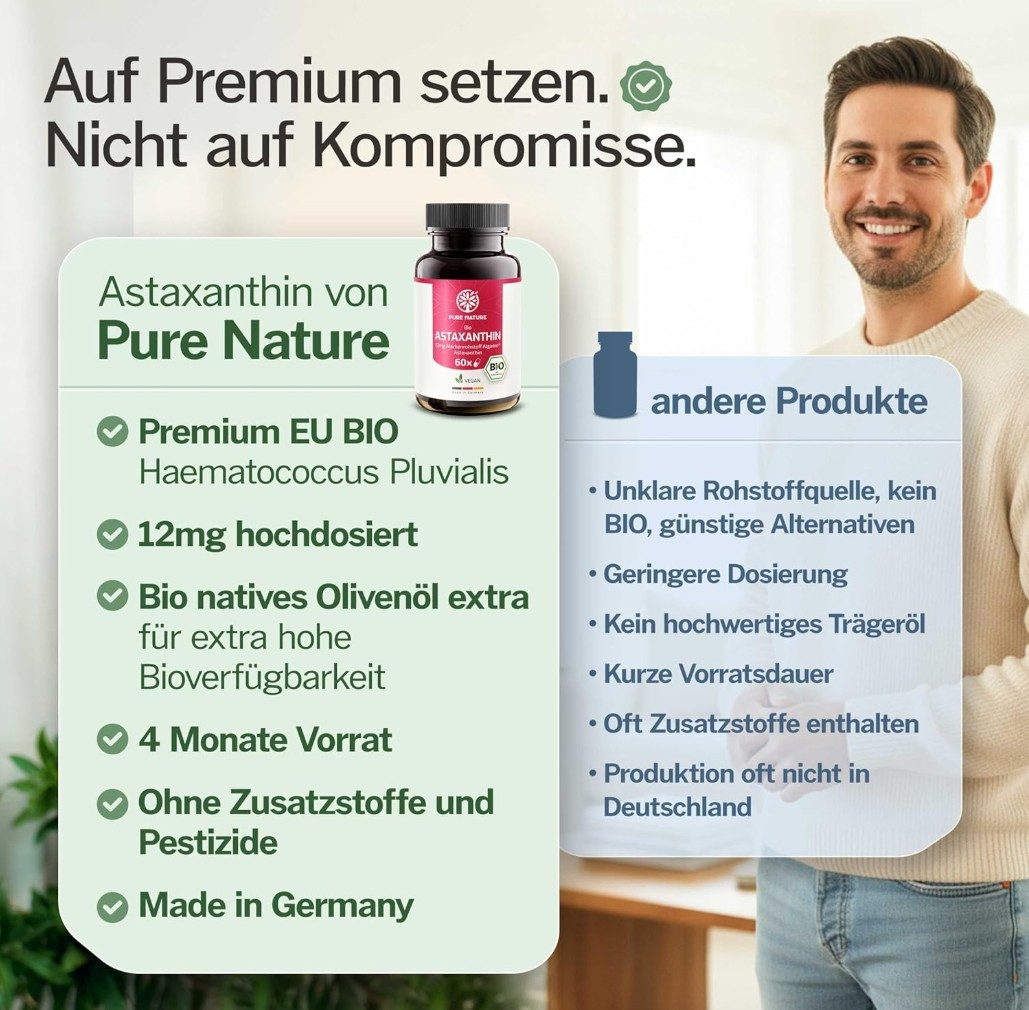 Pure Nature Astaxanthin 12 mg hochdosiert - 60 vegane Kapseln mit Bio-Olivenöl Kapseln, Packung à 36 g