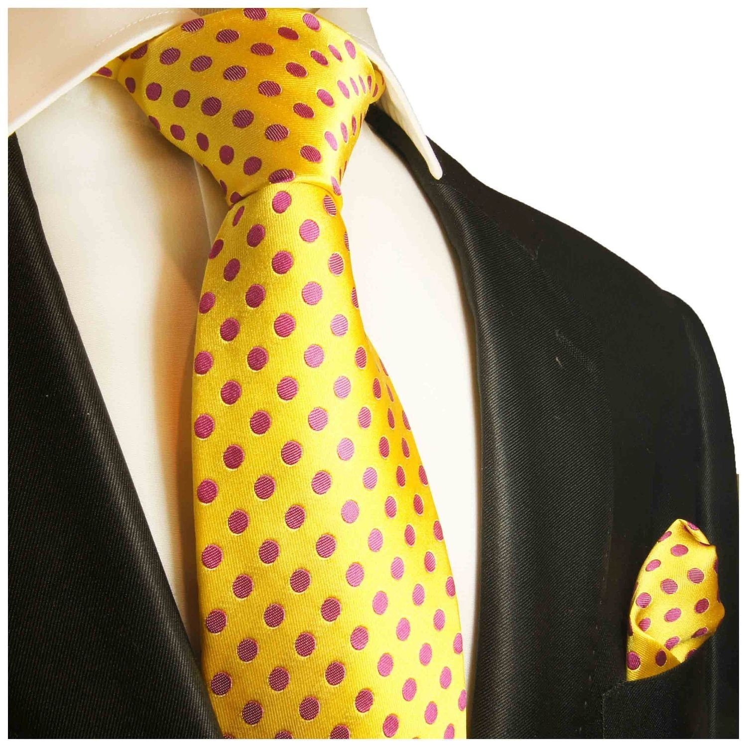 Paul Malone Krawatte Herren Krawatte Breit Seidenkrawatte 2-St., 2003 mit gelb Tuch (Set, mit pink 100% (8cm), Seide Einstecktuch) gepunktet modern