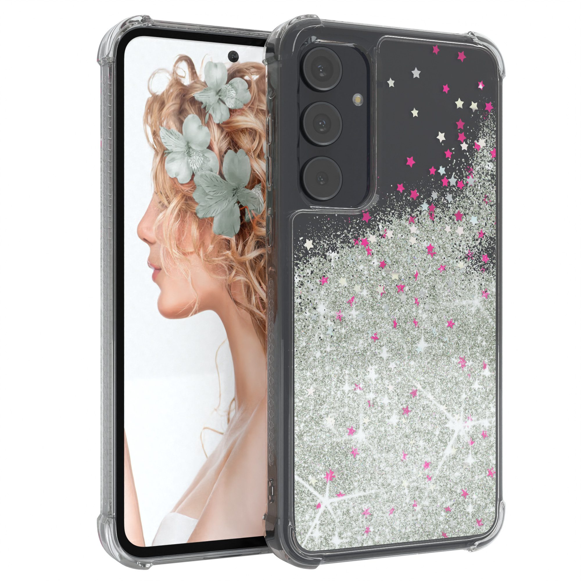 EAZY CASE Handyhülle Liquid Glittery Case für Samsung Galaxy A55 6,6 Zoll, Kratzfeste Silikonhülle stoßfestes Back Cover Phone Case Etui Silber
