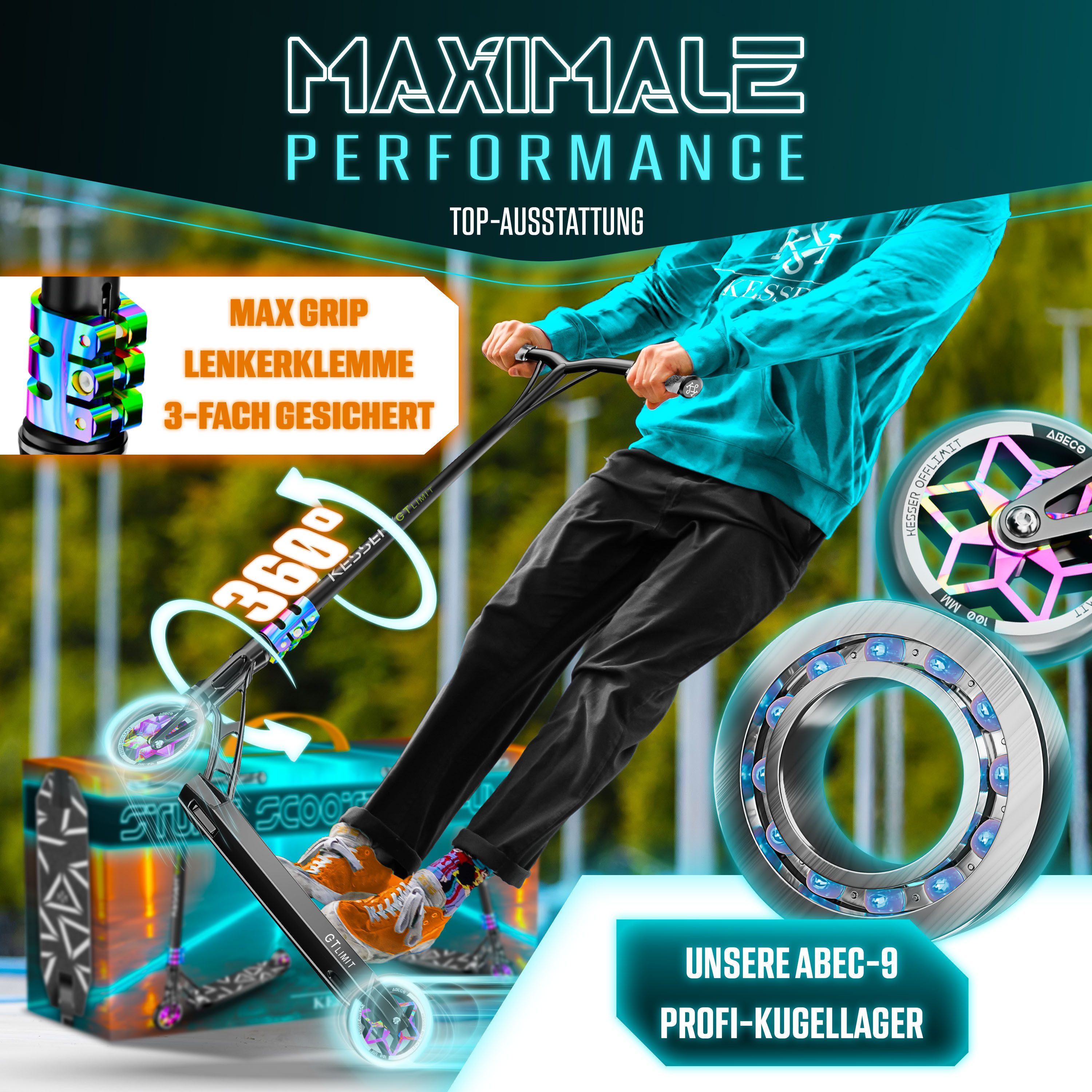 KESSER Scooter, Stuntscooter GT-Limit 360° Lenkung Funscooter Kickscooter Tretroller