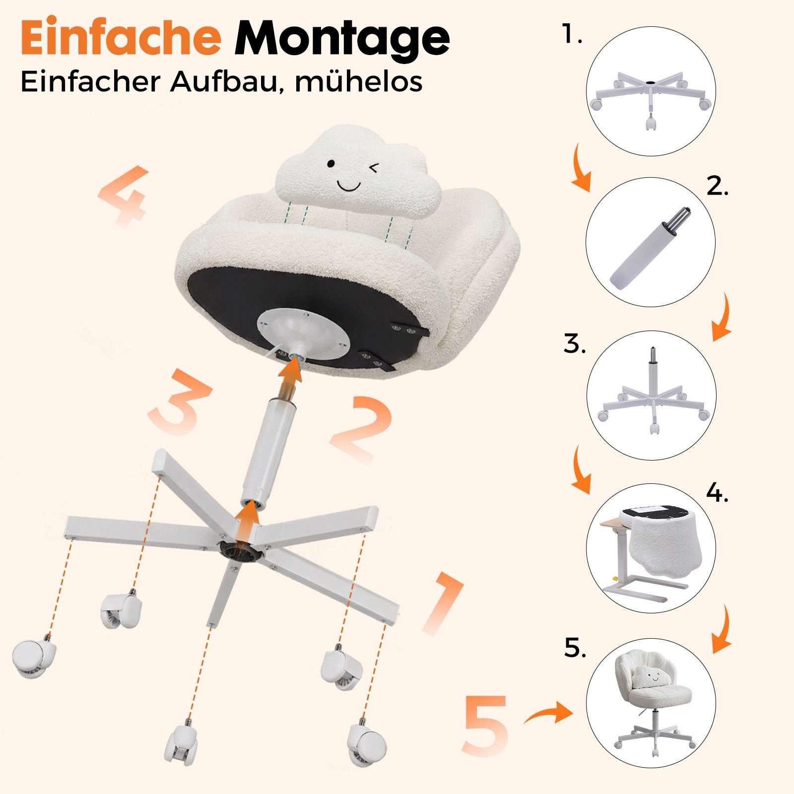 COMHOMA Bürostuhl Schminkstuhl Homeoffice Stuhl, Schreibtischstuhl Drehstuhl mit Rrollen, höhenverstellbar,für Schminktisch,Arbeitszimmer, Schlafzimmer,150kg – Bild 5 von 5