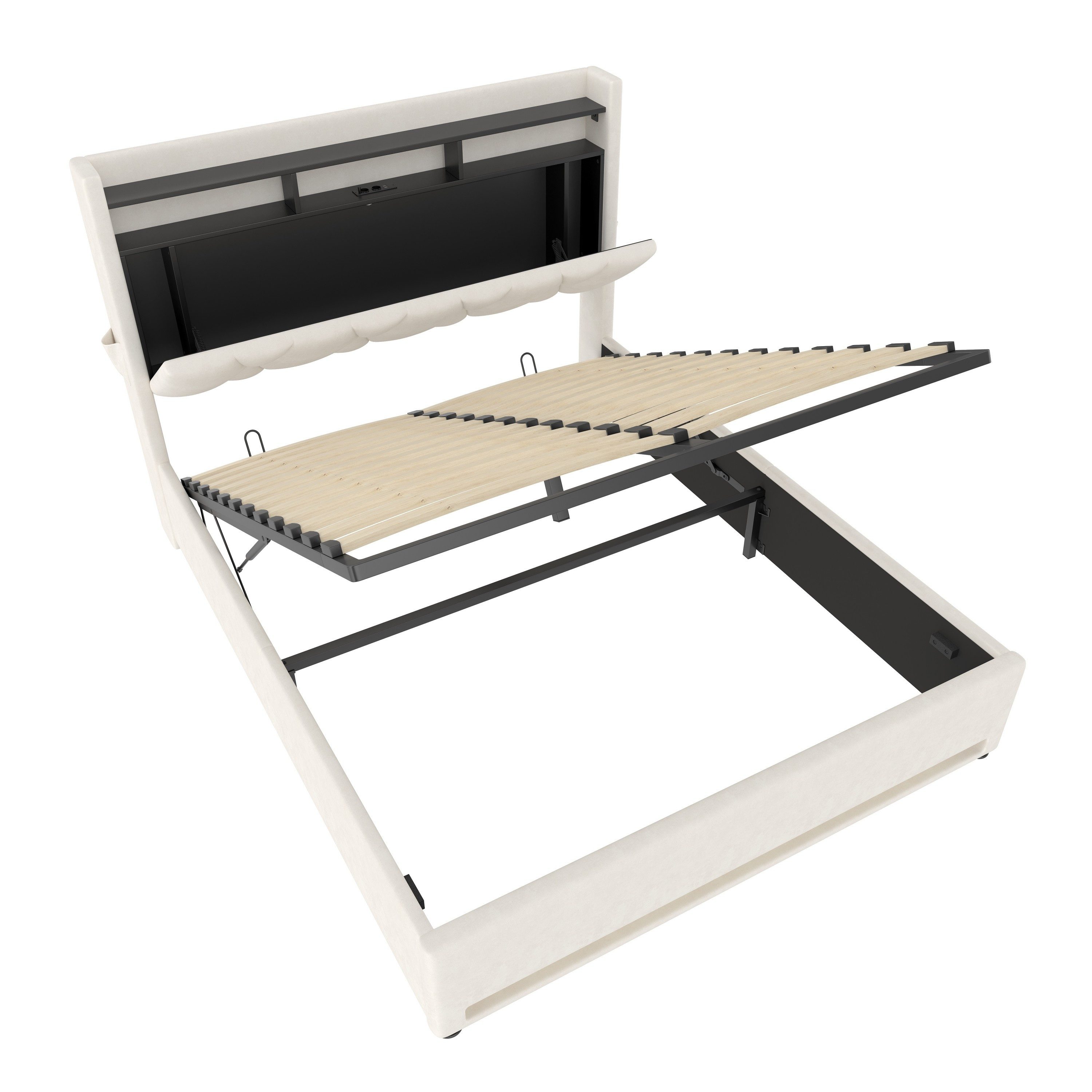 LVHOM Boxbett 140x200/160x200 cm mit LED-Licht, Bettkasten & USB-C/USB-Ladestation (Samtbezug, Klappbares Kopfteil(staubgeschützt) + LED-Lichtbettrahmen + Hydraulikboden + gasgefederter Lattenrost, Offenes Nachtregal für Brille/Bücher/Charging, Seitentaschen für Fernbedienungen, Luxus-Schlafsystem mit Smart-Stauräumen), versteckter Ordnungslösung