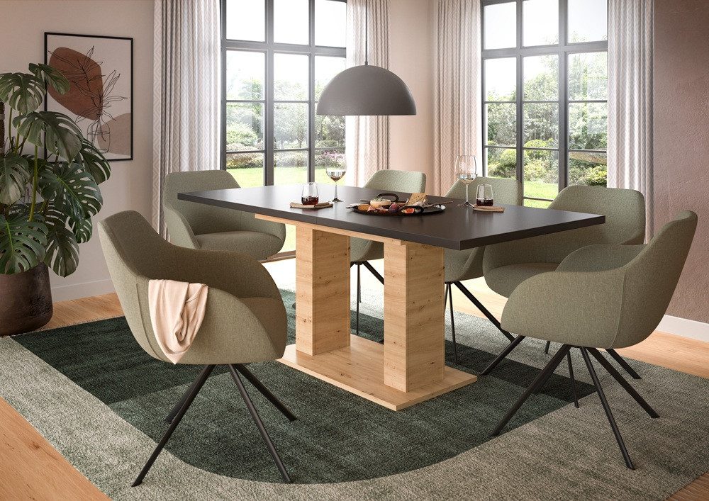 xonox.home Esstisch Esstisch Motion, ausziehbar, Doppelsäulen-Fußgestell, Artisan Eiche, Küchentisch, graue Tischplatte