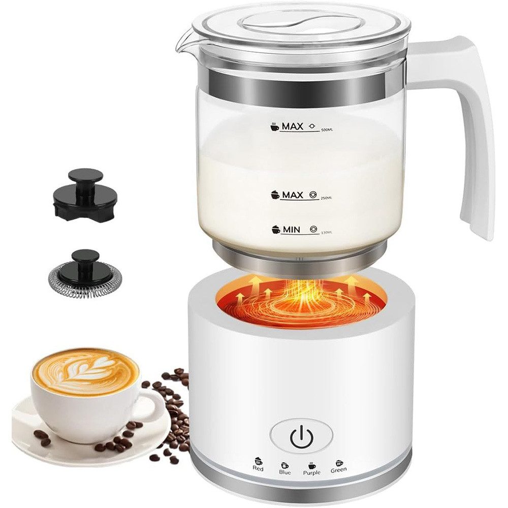 Topcony Milchaufschäumer Elektrisch, 4 in 1 Milchschäumer für Heißer und Kalter, 500ml, 600 W, Spülmaschinenfest, Visuelles Glas, Latte-Design, Weiß