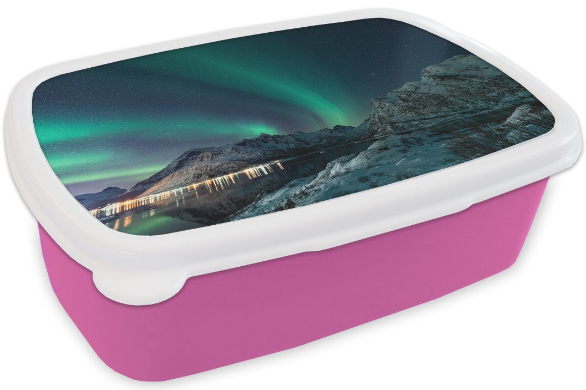 Mädchen, rosa - Berg Brotdose (2-tlg), Kinder, MuchoWow Nordlicht - Lunchbox - für Brotbox Winter, Kunststoff, Sternenhimmel Kunststoff Schnee Erwachsene, Snackbox, - Grün -