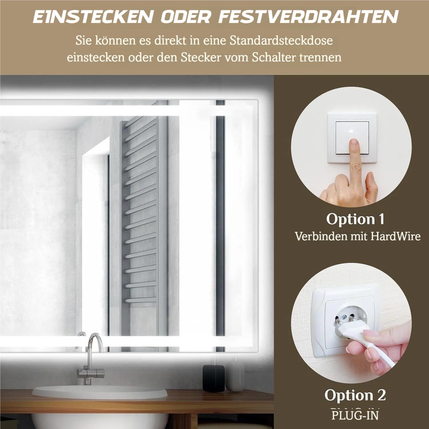 TLGREEN Badspiegel mit Beleuchtung,LED Spiegel mit 3 Lichtfarben und dimmbar, (Touch-Schalter und Beschlagfrei, gehärtetes Glas) – Bild 5 von 5
