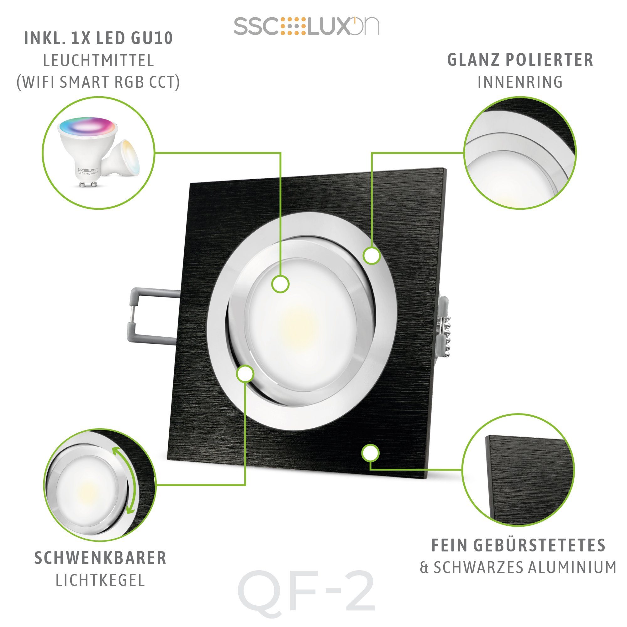 QF-2 mit Einbauleuchte eckig, RGB WiFi in GU10 LED LED SSC-LUXon RGB Smart Einbaustrahler schwenkbar