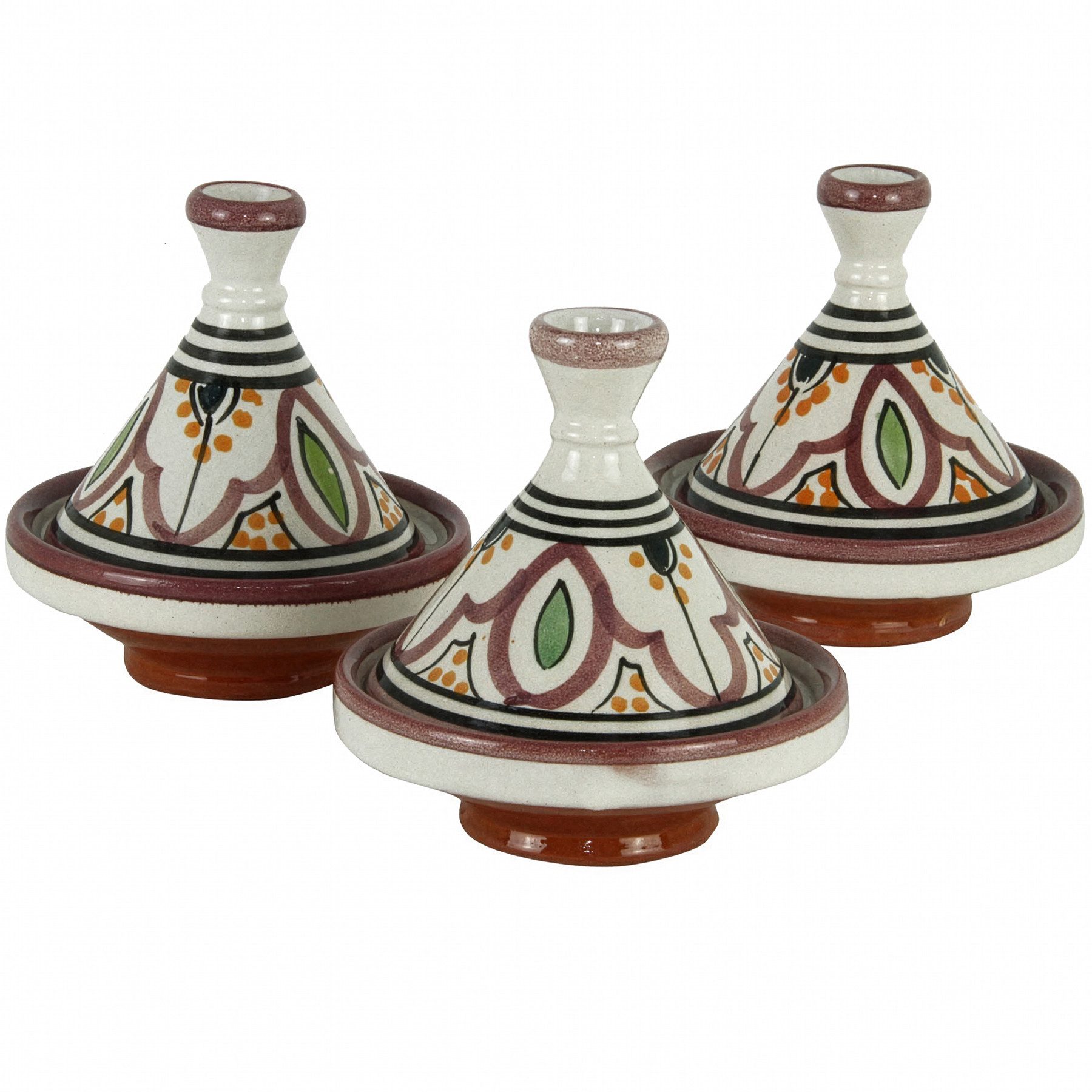 Casa Moro Servierschale Tajine 3er Set - Drei Servierschalen aus Keramik mit Deckel, Keramik, (Set, 3-tlg), Ø 10 cm, Handgetöpfert & handbemalt, für Beilagen, Dips & Gewürzen
