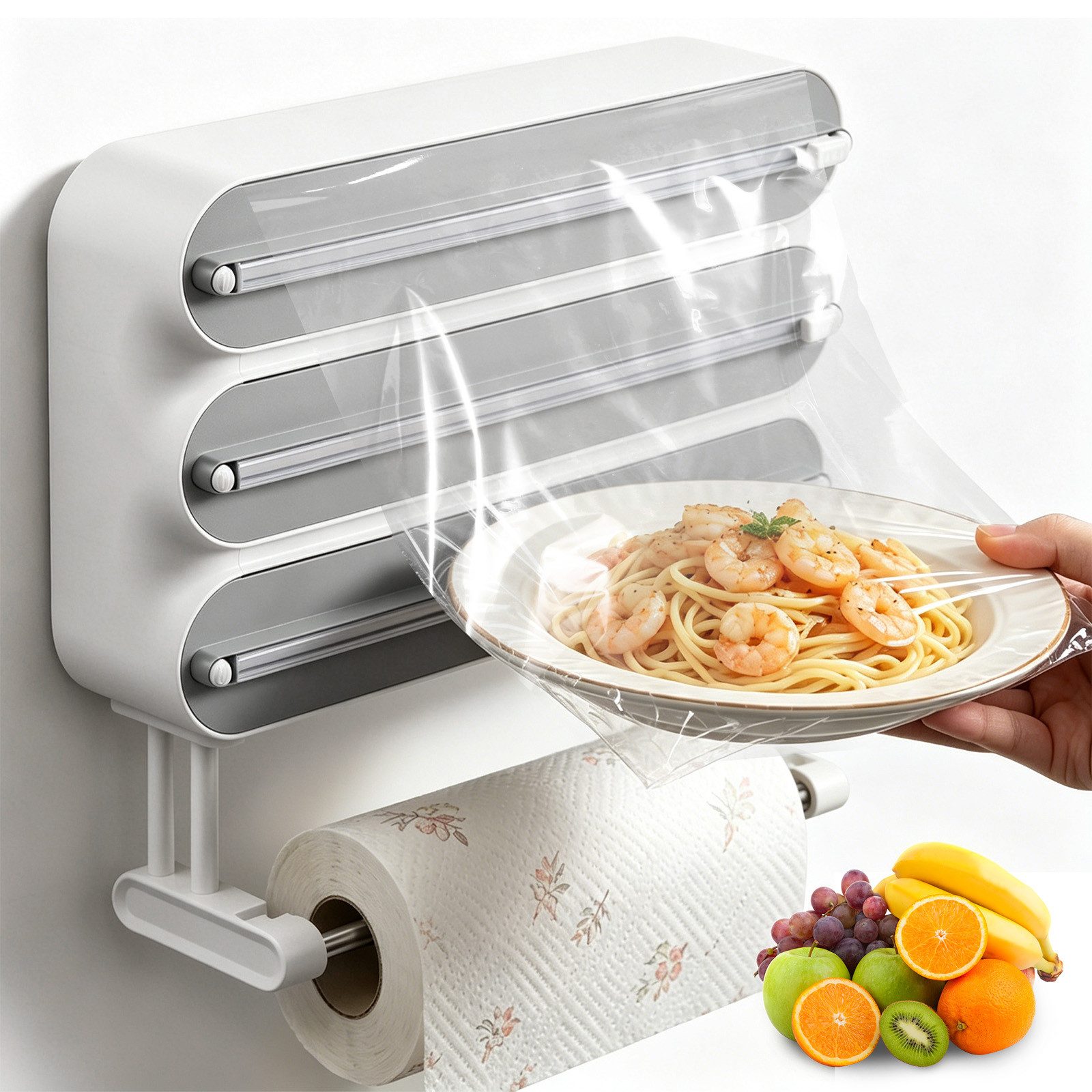 QUBEBU Wandrollenhalter 4-in-1 Küchenrollenhalter für Frischhaltefolie Alufolie Küchenpapier, (Frischhaltefolienspender mit Cutter, Haken, Magnetisch & ohne Bohren, Küchenrollenhalterung Alufolienspender Folienschneider Folienspender), Messerscharfe Klingen, Leichtläufiger Schieber für Sauberes Schneiden