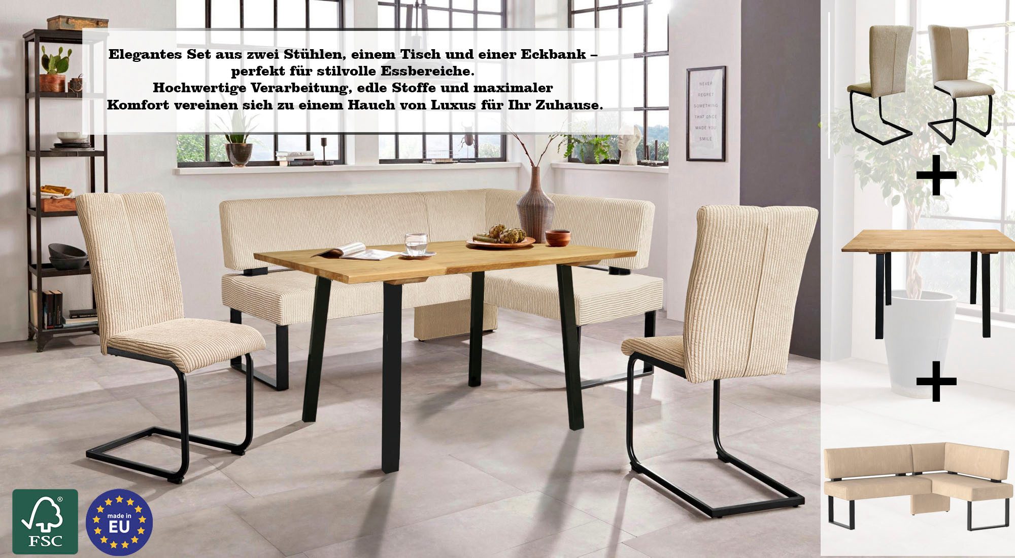 OTTO home Eckbankgruppe Oliver, (Set, 4-tlg., 4-tlg), Eckbank mit Wellenunterfederung im Sitz, Tisch Massiv Eiche