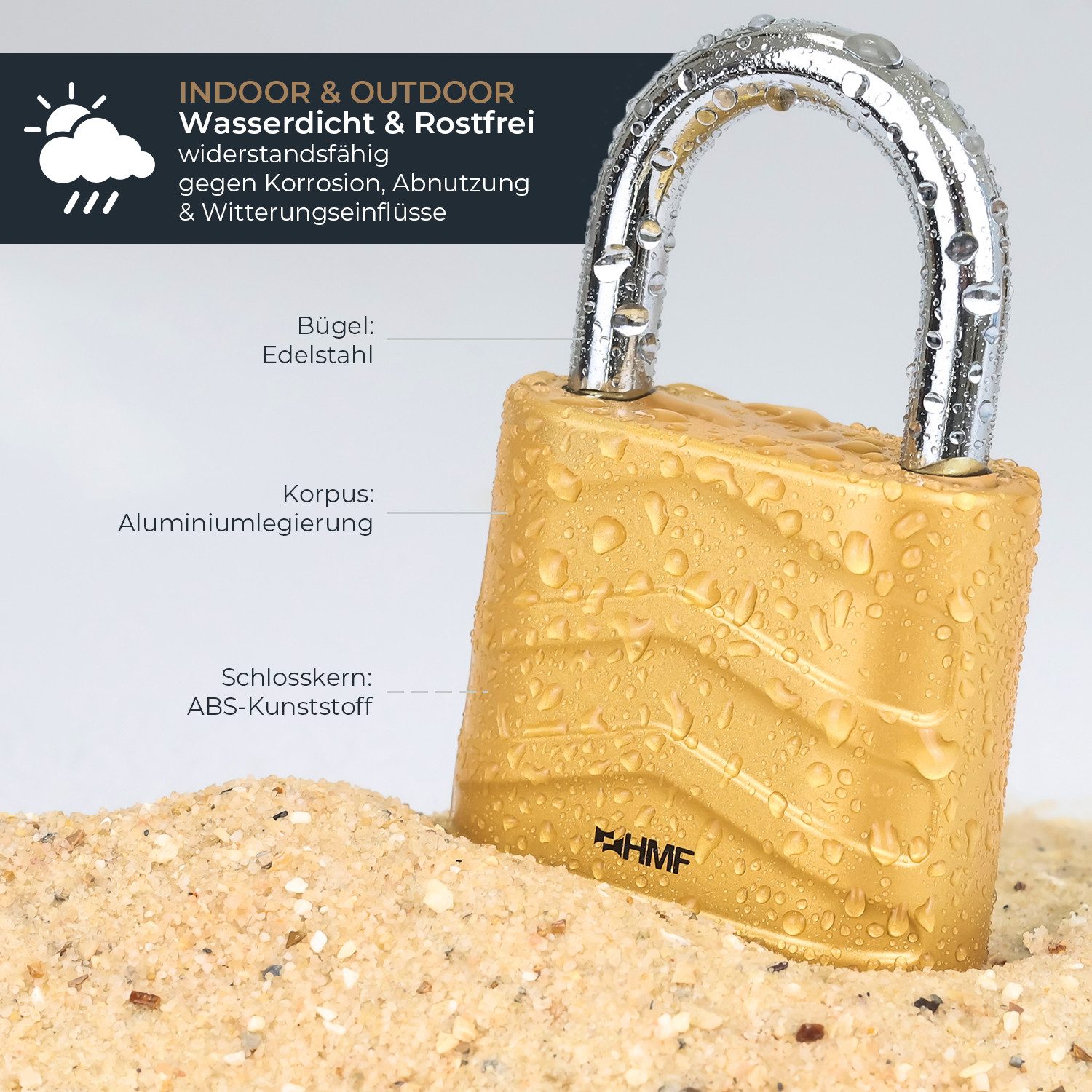 HMF Vorhängeschloss Zahlenschloss Vorhängeschloss, Schloss mit 4-stelligem Zahlencode, aus Aluminiumlegierung, 5,6 x 2,6 x 8,7 cm, Gold