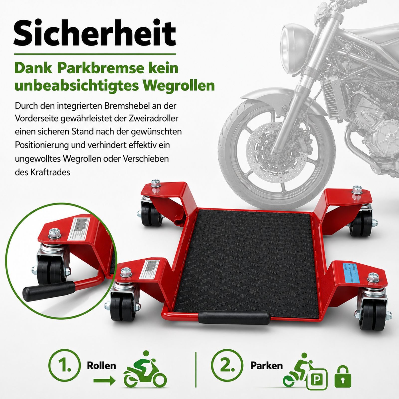 TRUTZHOLM Transportroller Rangierhilfe für Motorrad mit Ständer rot Rollwagen Rangierplatte, (1 Stück), 54x19 cm Last bis 250kg – Bild 5 von 5