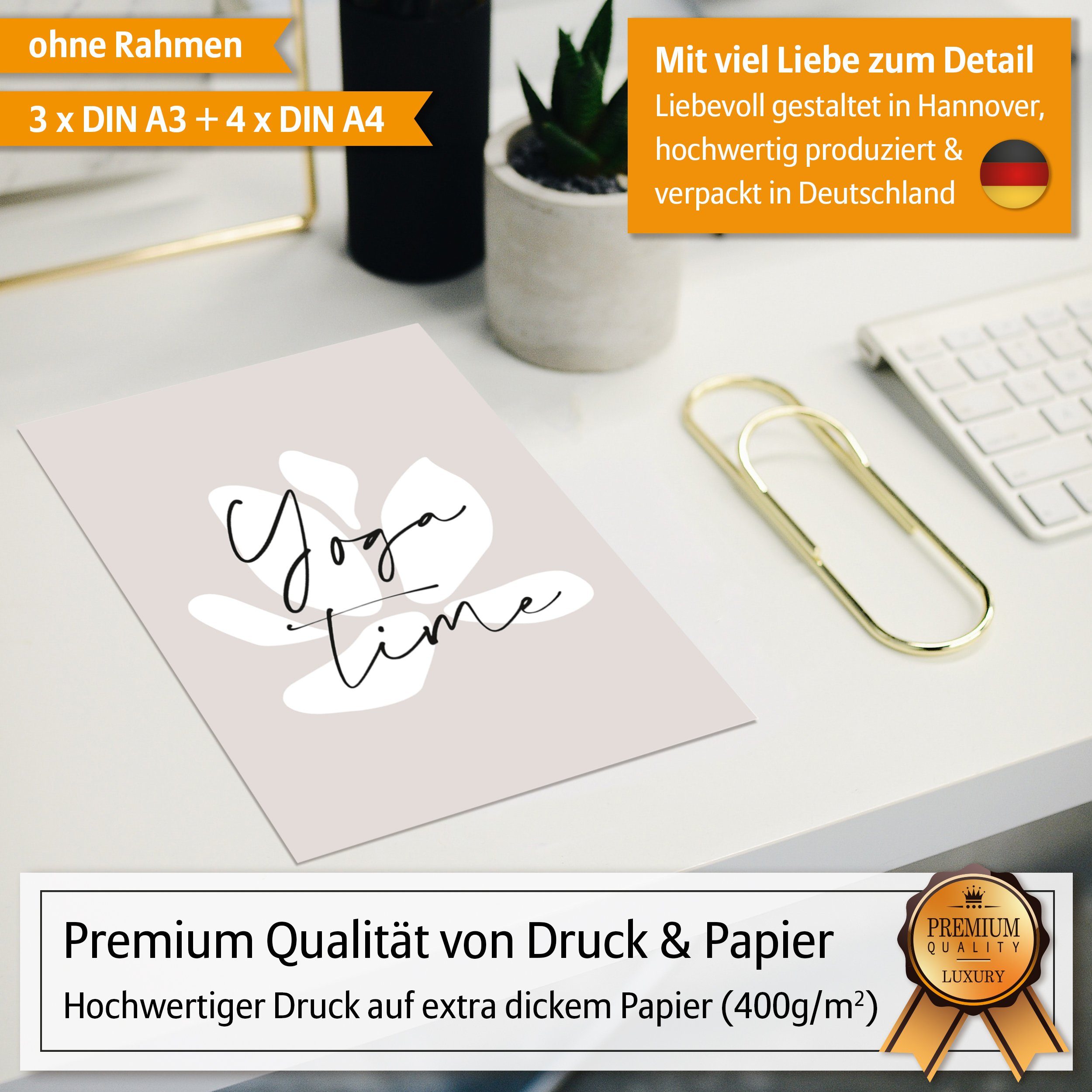Hyggelig Home Poster Yoga - Premium Poster Set OHNE & MIT Rahmen - 7 Wandbilder Fine Art, Namasté (Set, 7 St), Collage schwarz weiß, Qualitätsdruck dickes Papier
