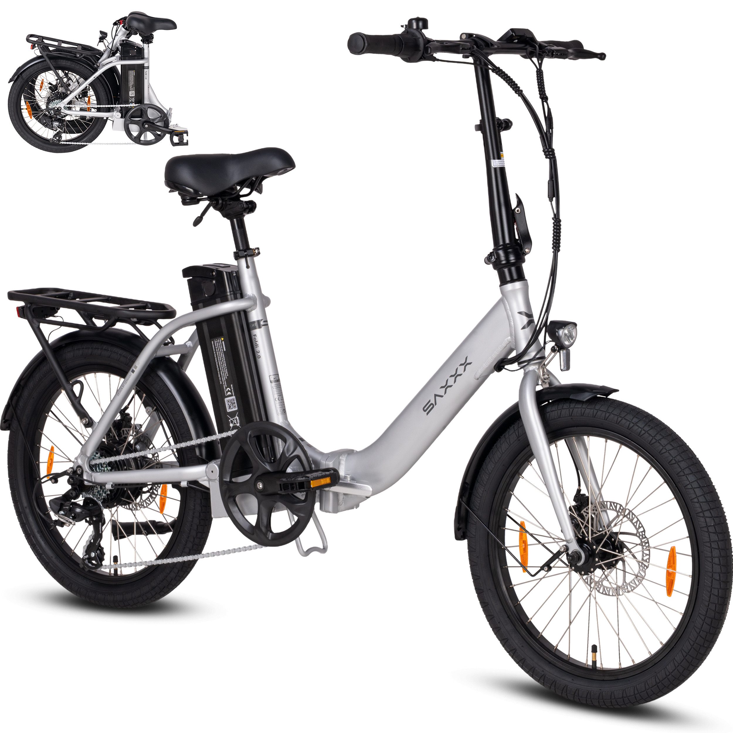 SAXXX E-Bike Klapprad 20 Zoll Elektrofahrrad, 460Wh, 50-90km, für Damen und Herren, 7 Gang Shimano SL-RV300-7R Schaltwerk, Kettenschaltung, Heckmotor, 460 Wh, Faltrad, RH: 42cm, bis zu 130kg, Pedelec, E-Citybike mit Tiefeinstieg