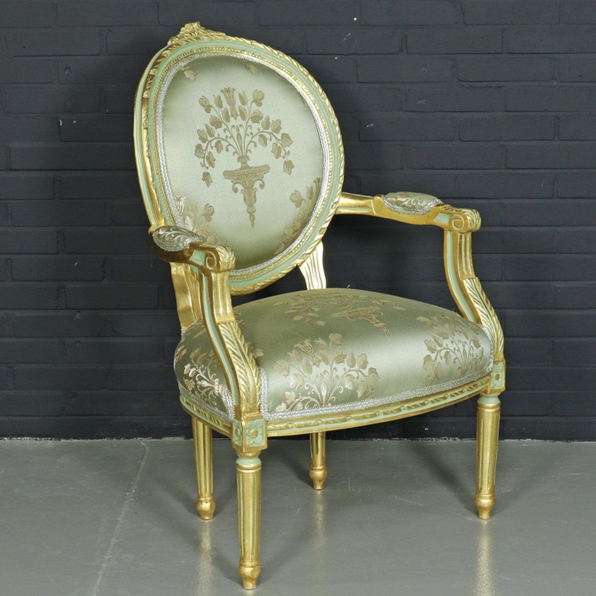 Armlehnen Stuhl Barock Gold "Medaillon" Mod2 Besucherstuhl Padrino mit / Antikstil Stuhl Casa Hellgrün - Salon