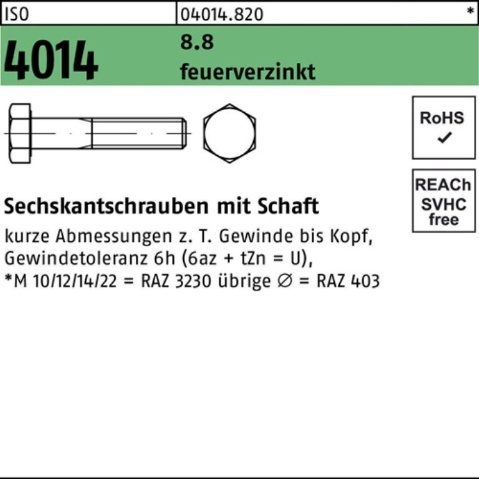 80 Sechskantschraube Schaft Sechskantschraube Bufab M20x ISO 4014 100er 25 Pack feuerverz. 8.8